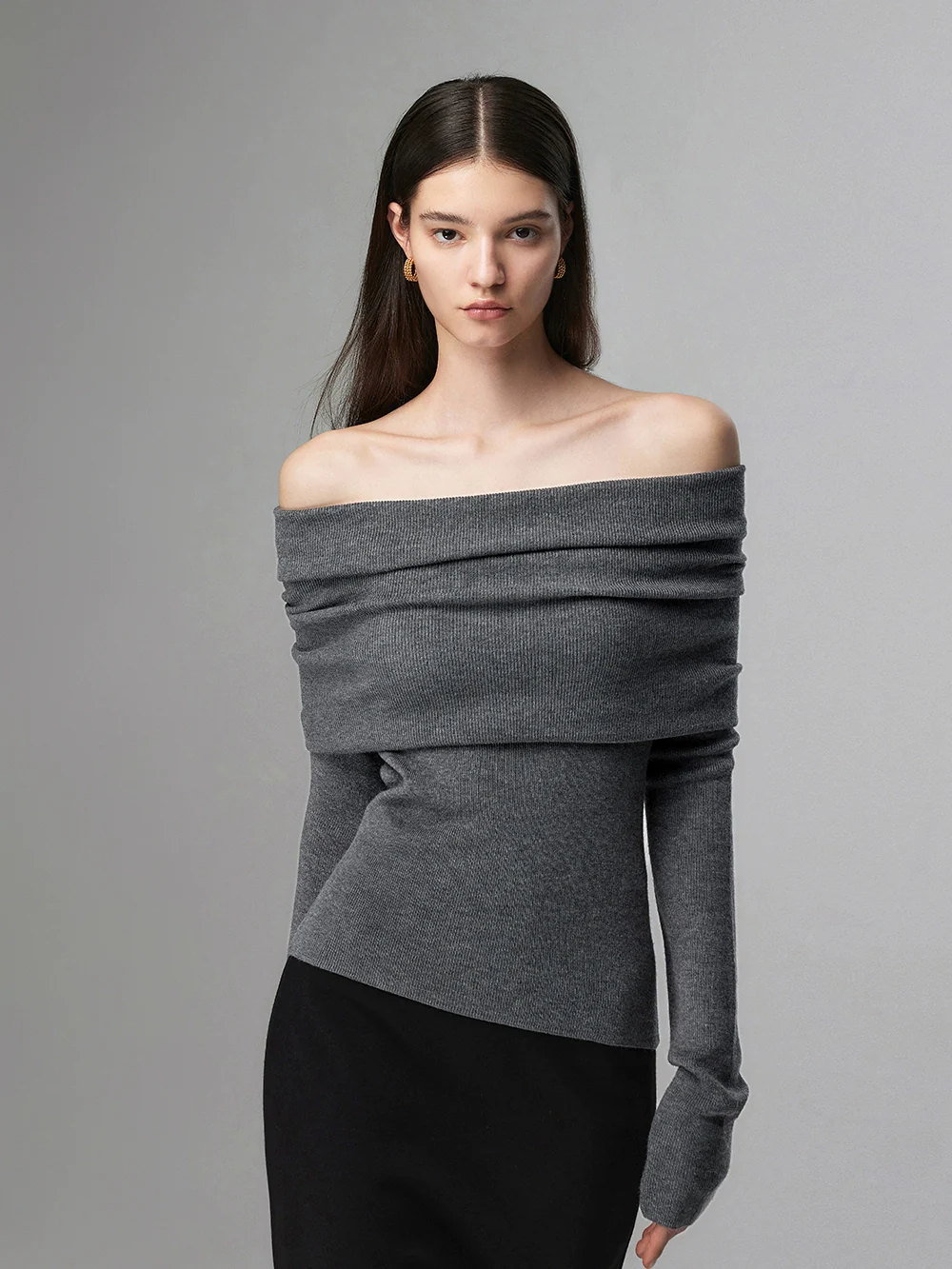 Off-Shoulder Ribbed Knit Layered Long Sleeve Sweater - Image 39