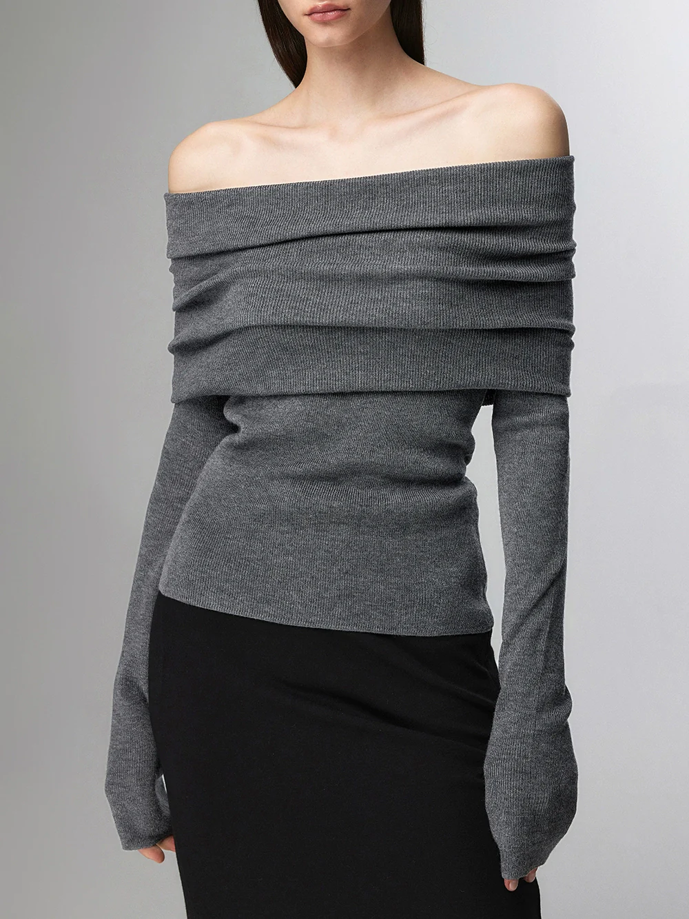 Off-Shoulder Ribbed Knit Layered Long Sleeve Sweater - Image 42