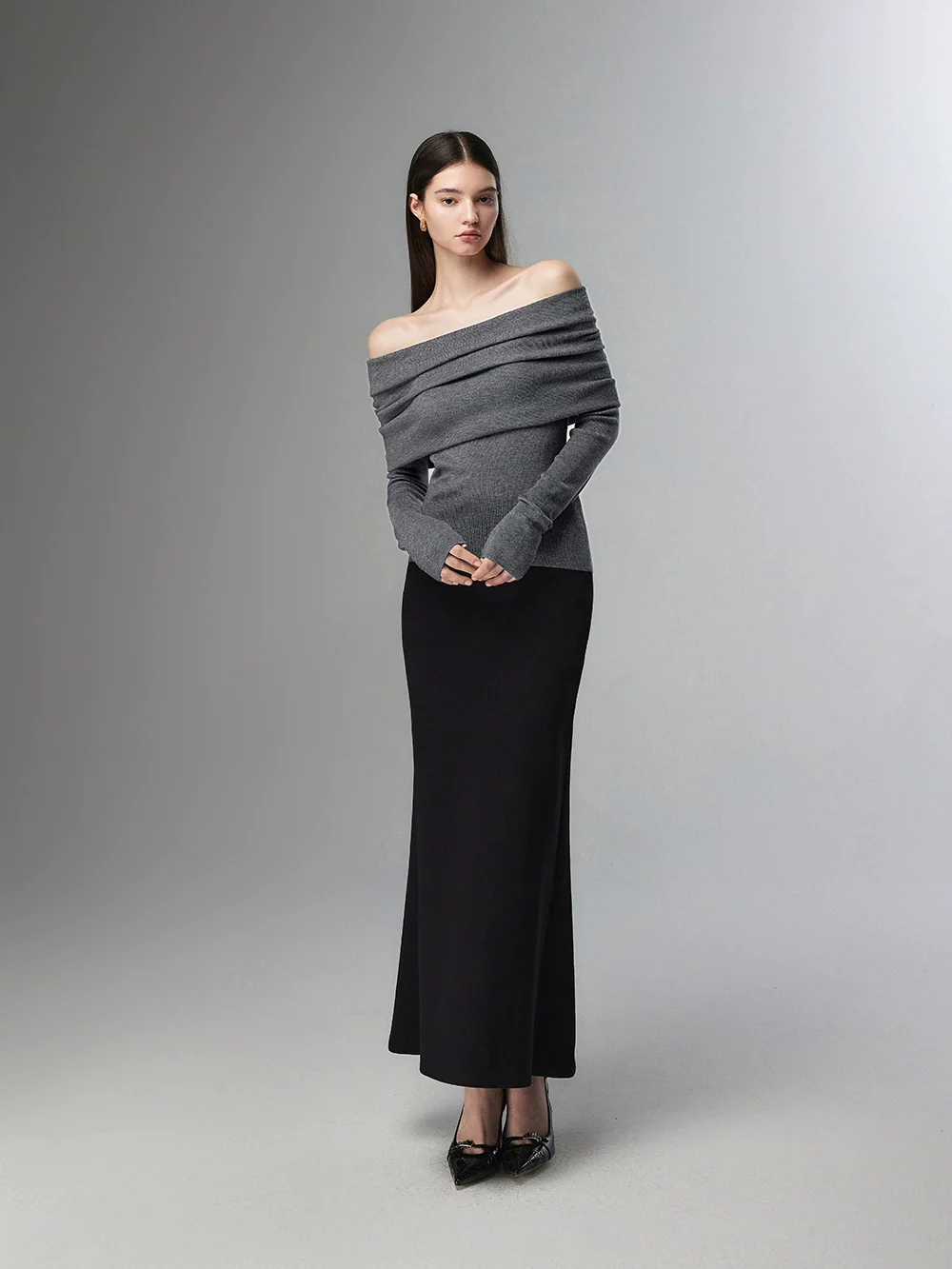 Off-Shoulder Ribbed Knit Layered Long Sleeve Sweater - Image 45