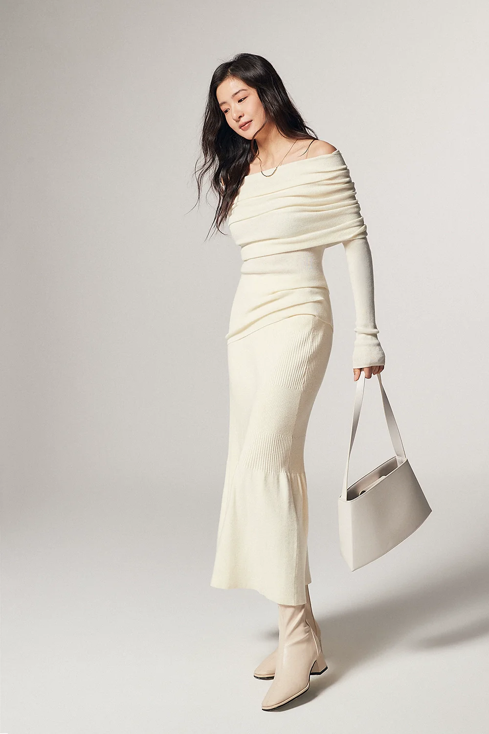 Off-Shoulder Ribbed Knit Layered Long Sleeve Sweater - Image 7