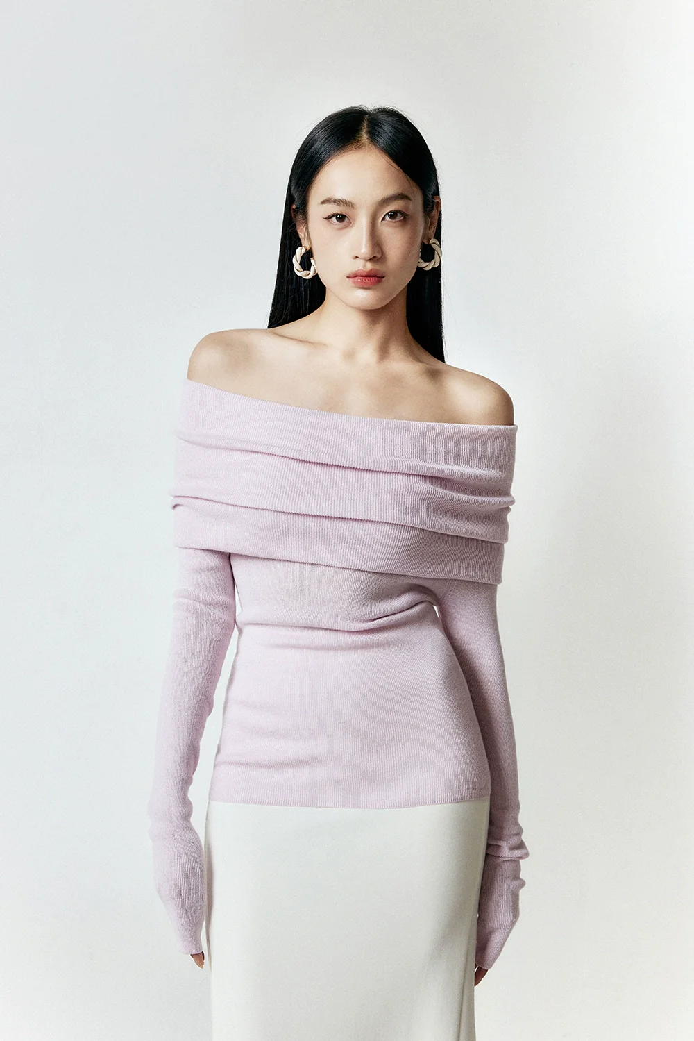 Off-Shoulder Ribbed Knit Long Sleeve Sweater Top - Image 11