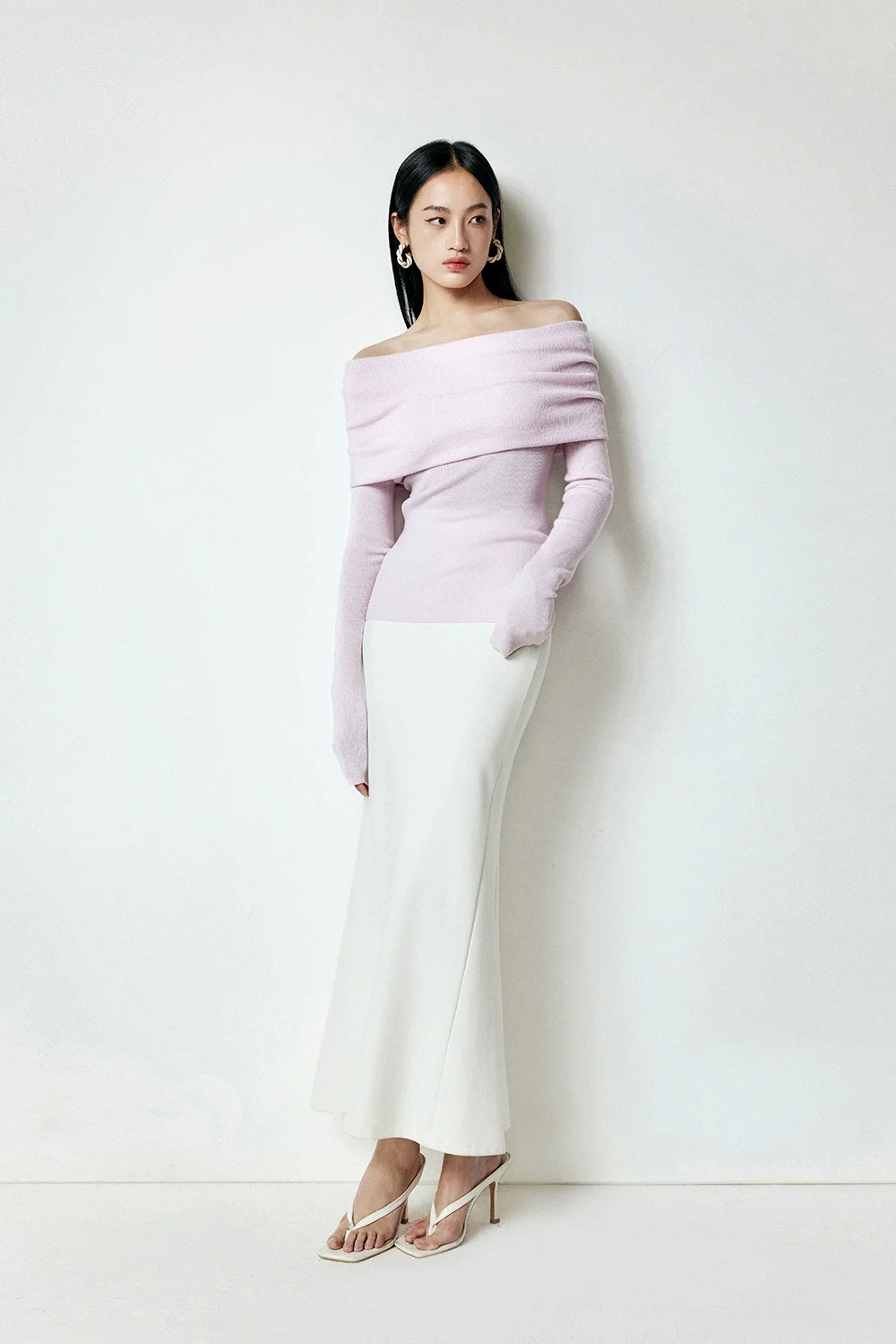 Off-Shoulder Ribbed Knit Long Sleeve Sweater Top - Image 17