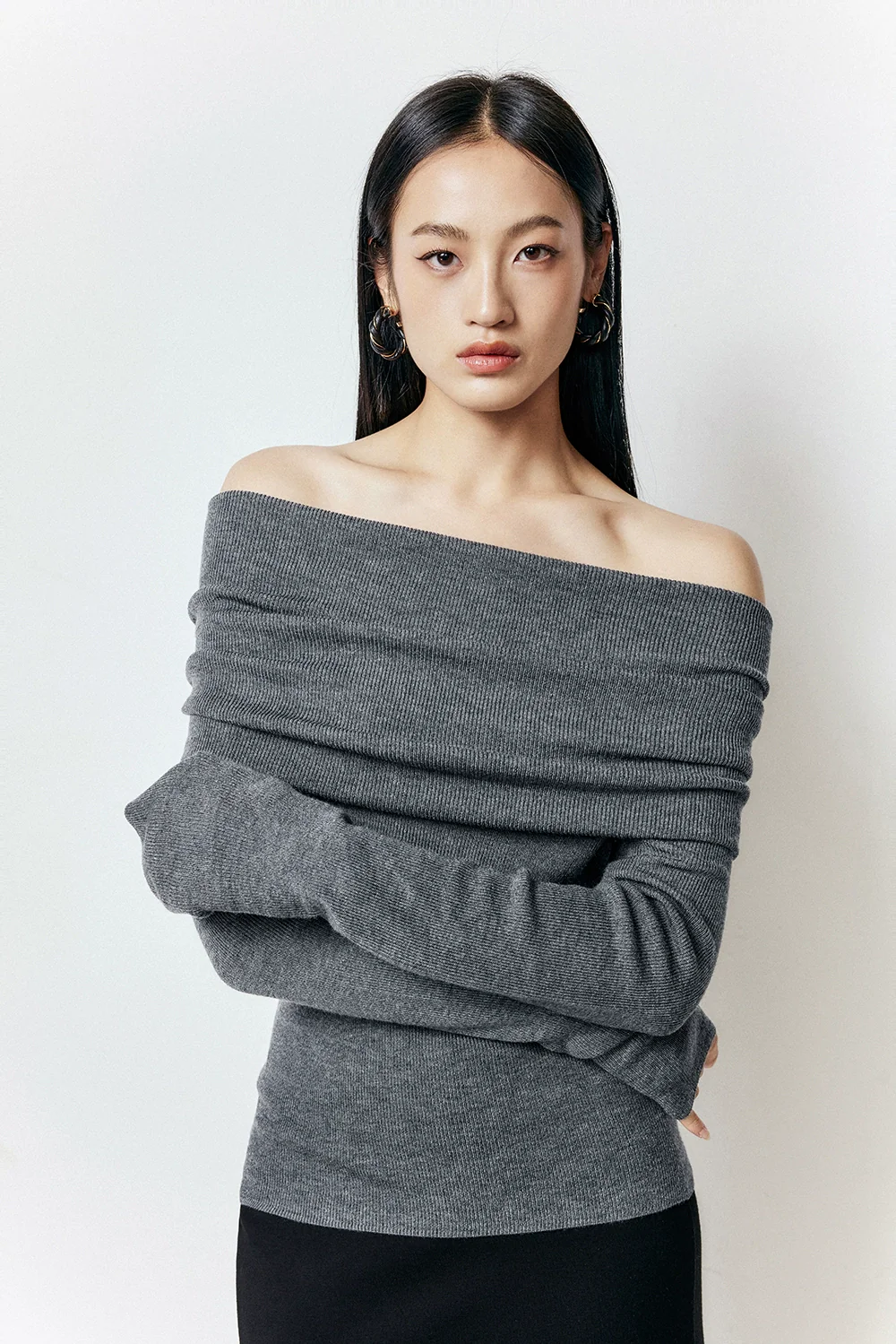 Off-Shoulder Ribbed Knit Long Sleeve Sweater Top - Image 18