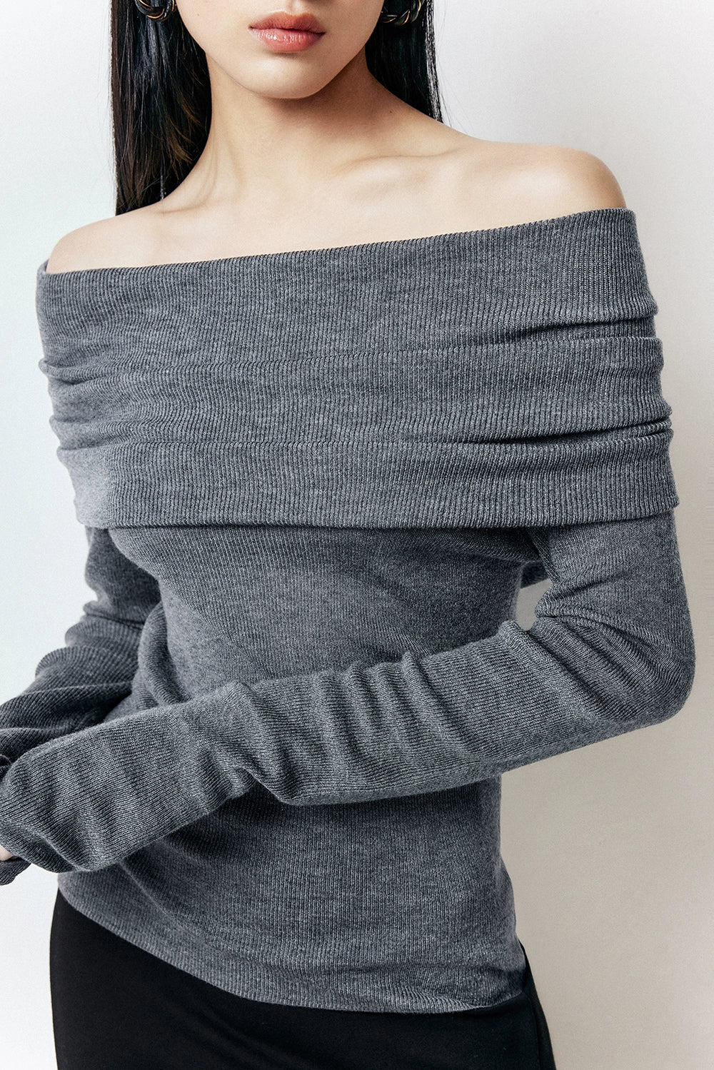 Off-Shoulder Ribbed Knit Long Sleeve Sweater Top - Image 20