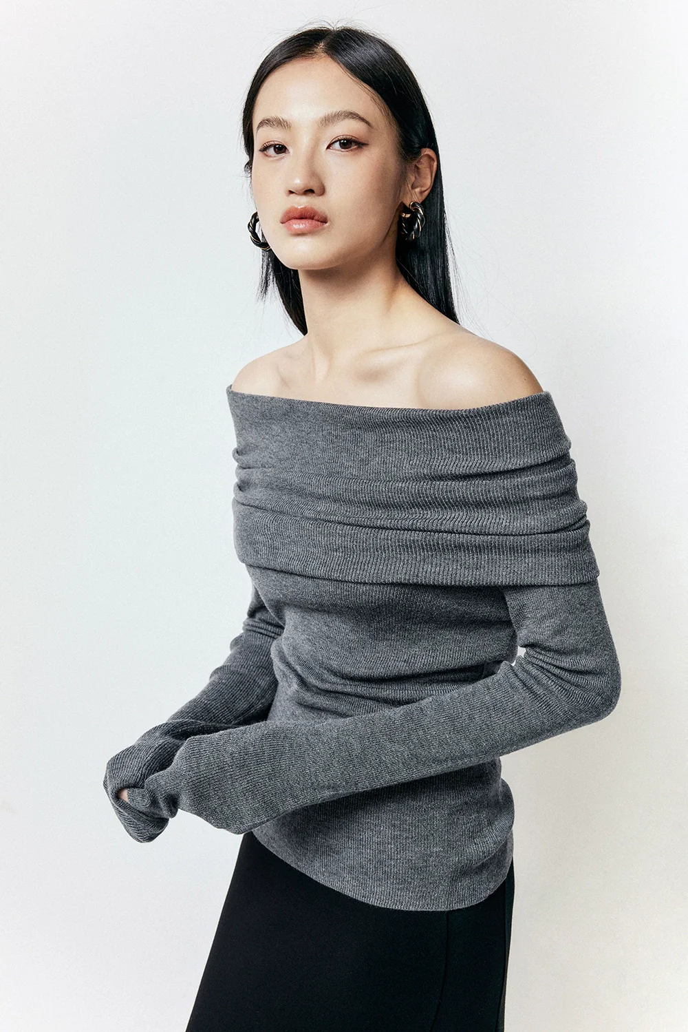 Off-Shoulder Ribbed Knit Long Sleeve Sweater Top - Image 21
