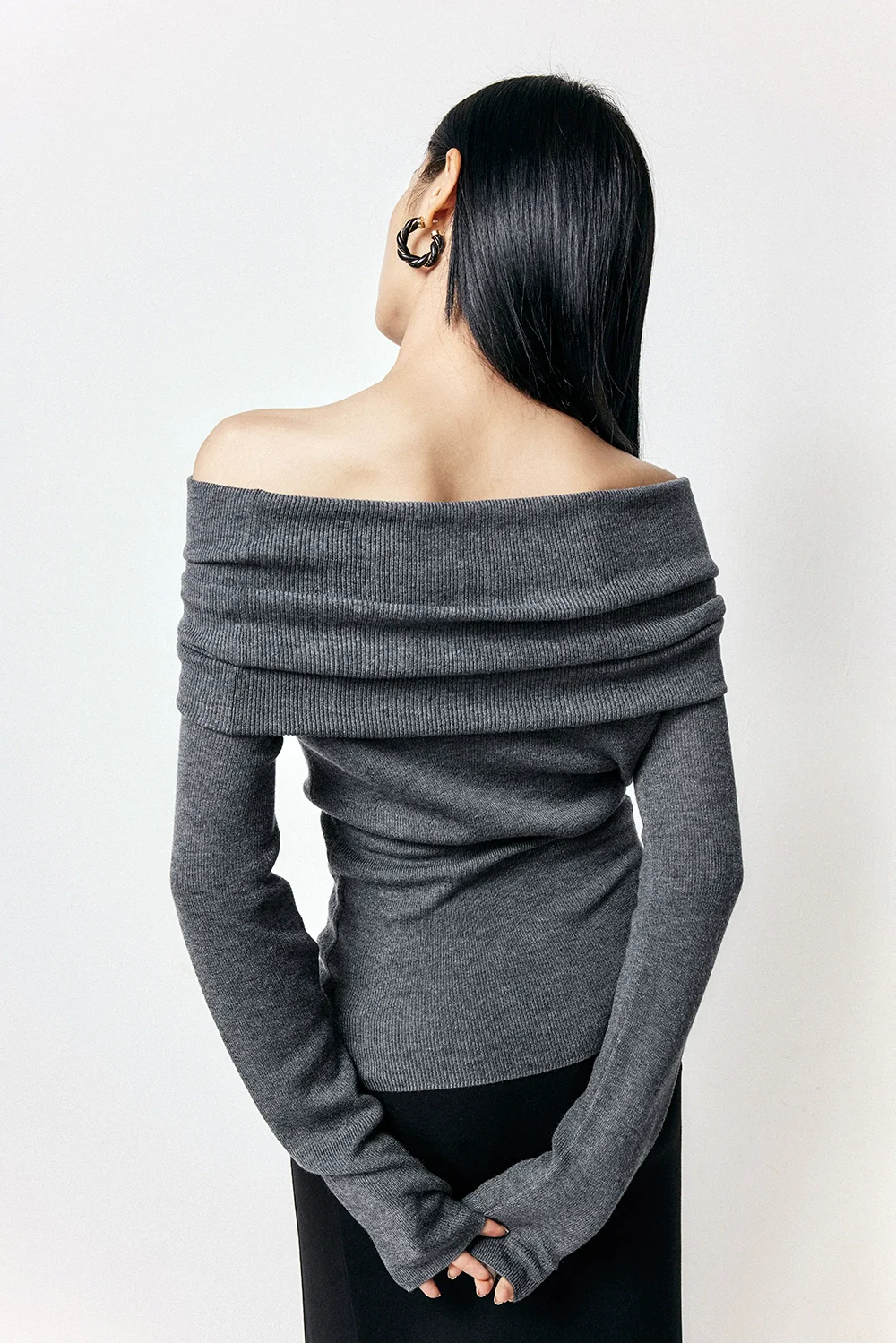 Off-Shoulder Ribbed Knit Long Sleeve Sweater Top - Image 22