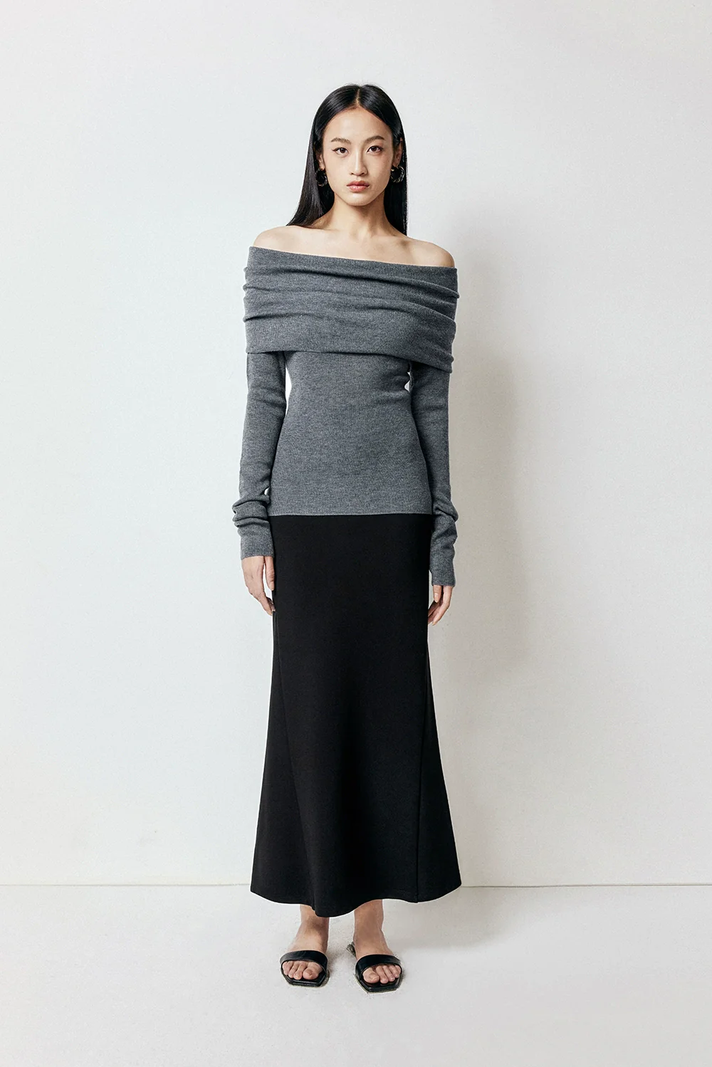 Off-Shoulder Ribbed Knit Long Sleeve Sweater Top - Image 23