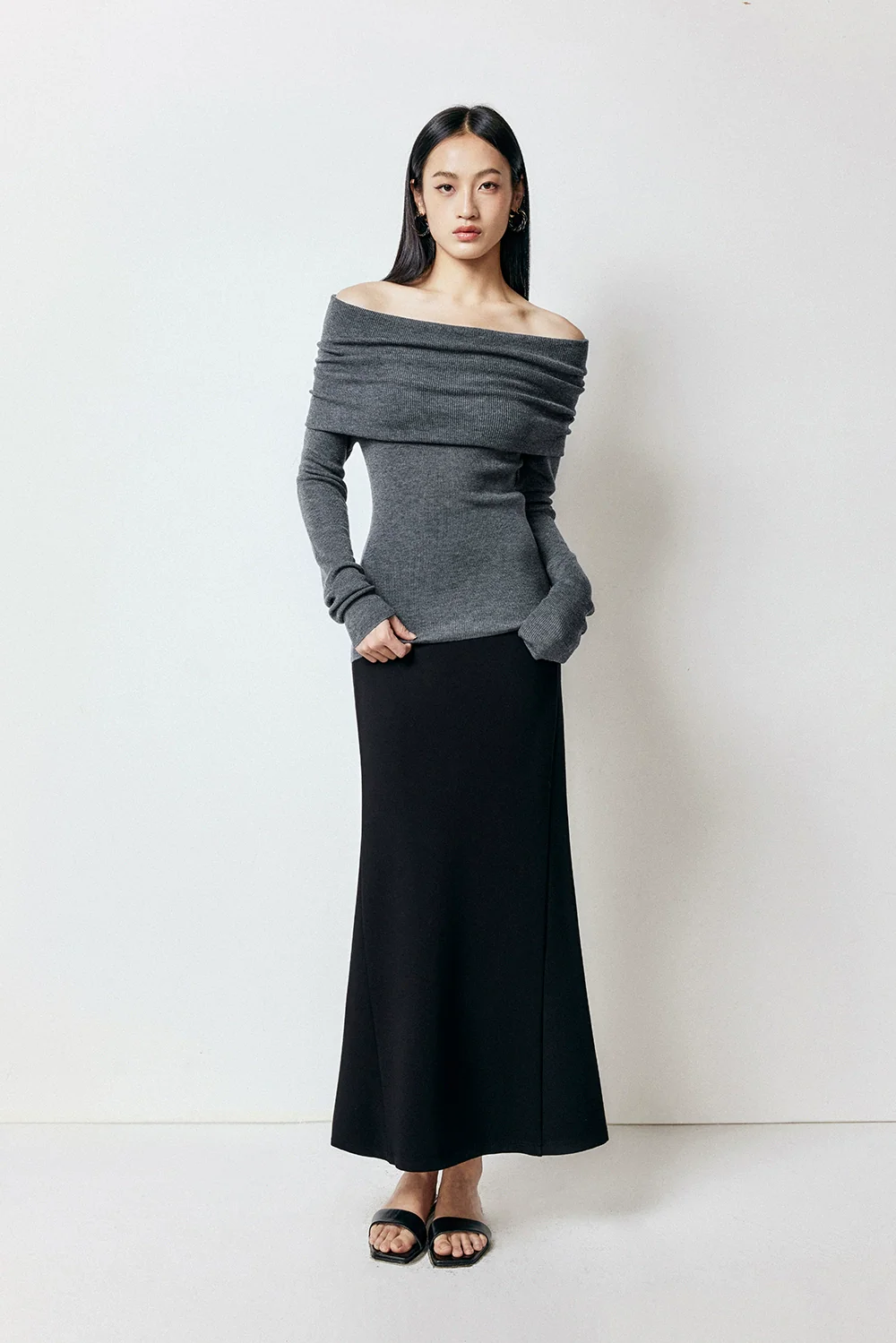 Off-Shoulder Ribbed Knit Long Sleeve Sweater Top - Image 24