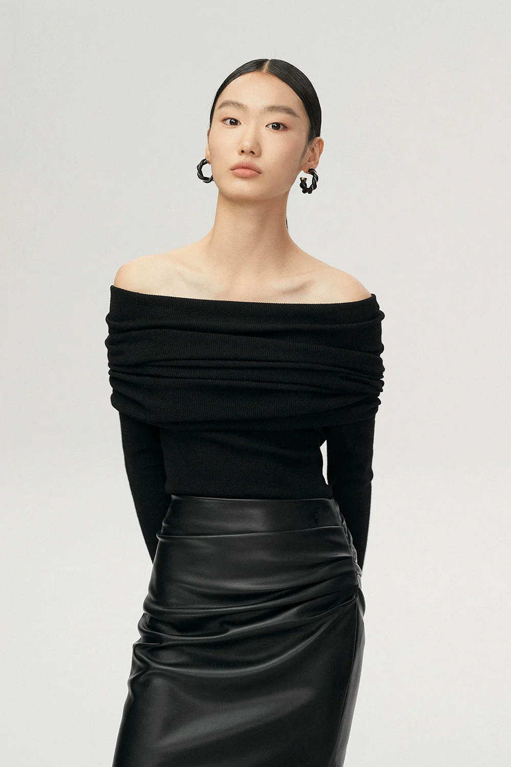 Off-Shoulder Ribbed Knit Long Sleeve Sweater Top - Image 26