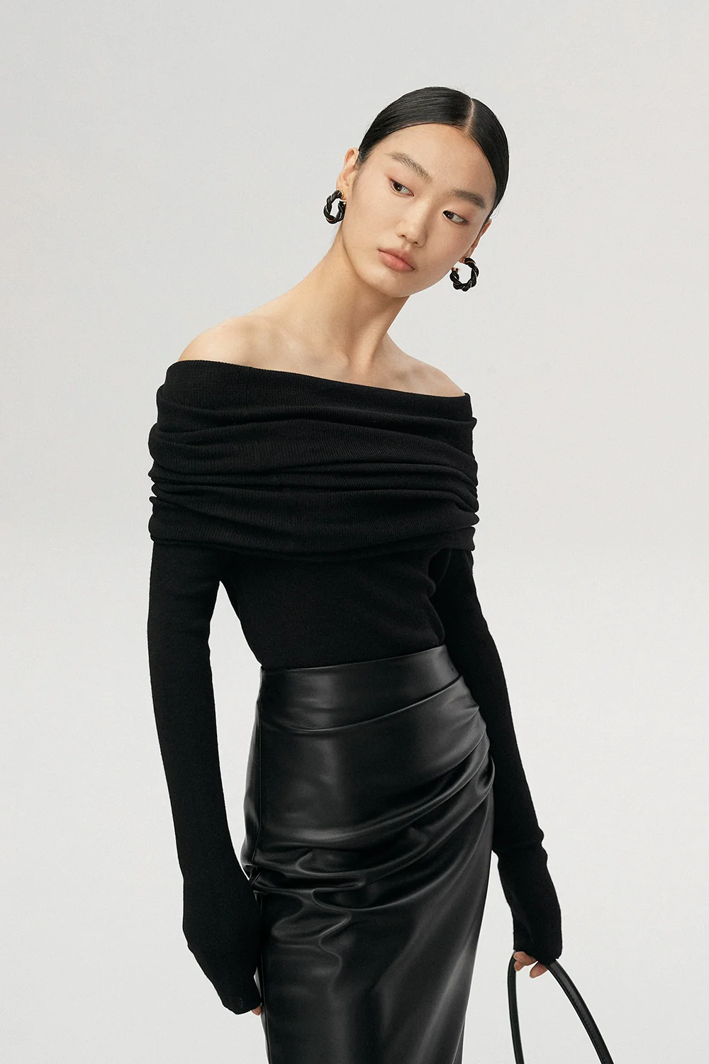 Off-Shoulder Ribbed Knit Long Sleeve Sweater Top - Image 28