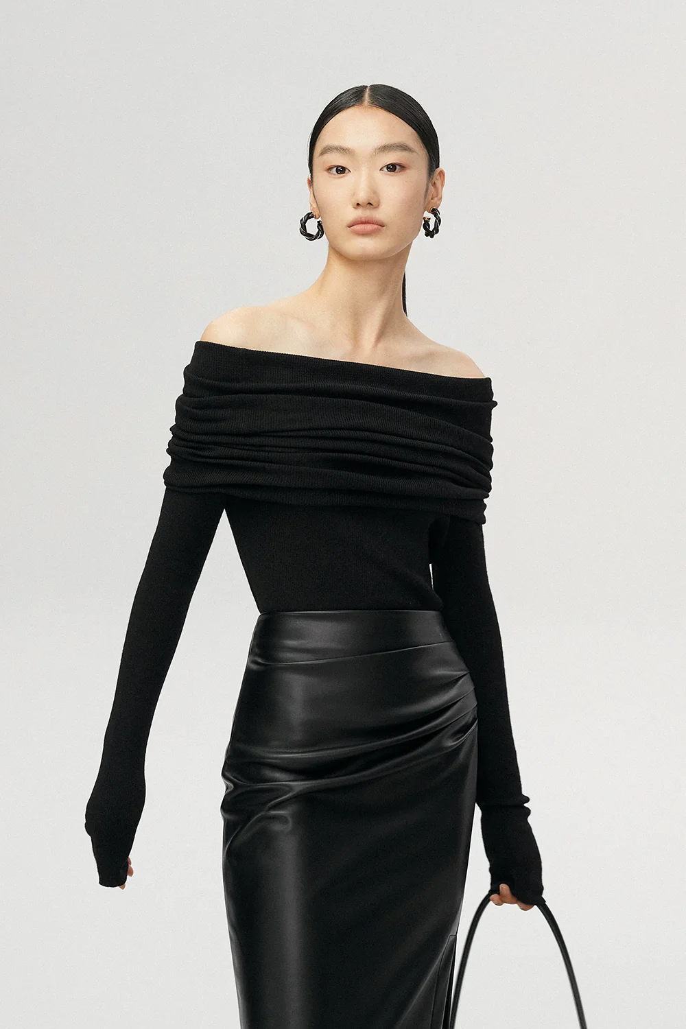 Off-Shoulder Ribbed Knit Long Sleeve Sweater Top - Image 29