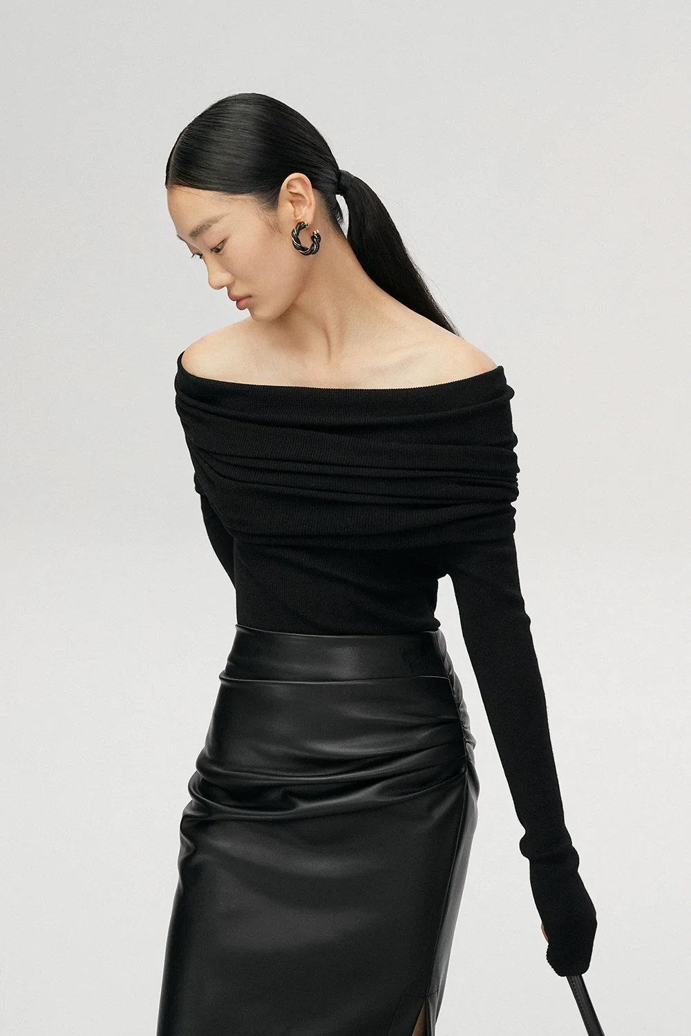 Off-Shoulder Ribbed Knit Long Sleeve Sweater Top - Image 30