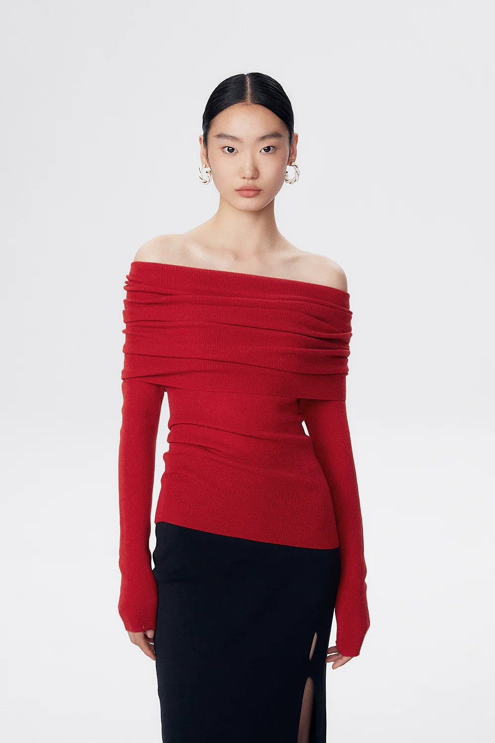 Off-Shoulder Ribbed Knit Long Sleeve Sweater Top - Image 33