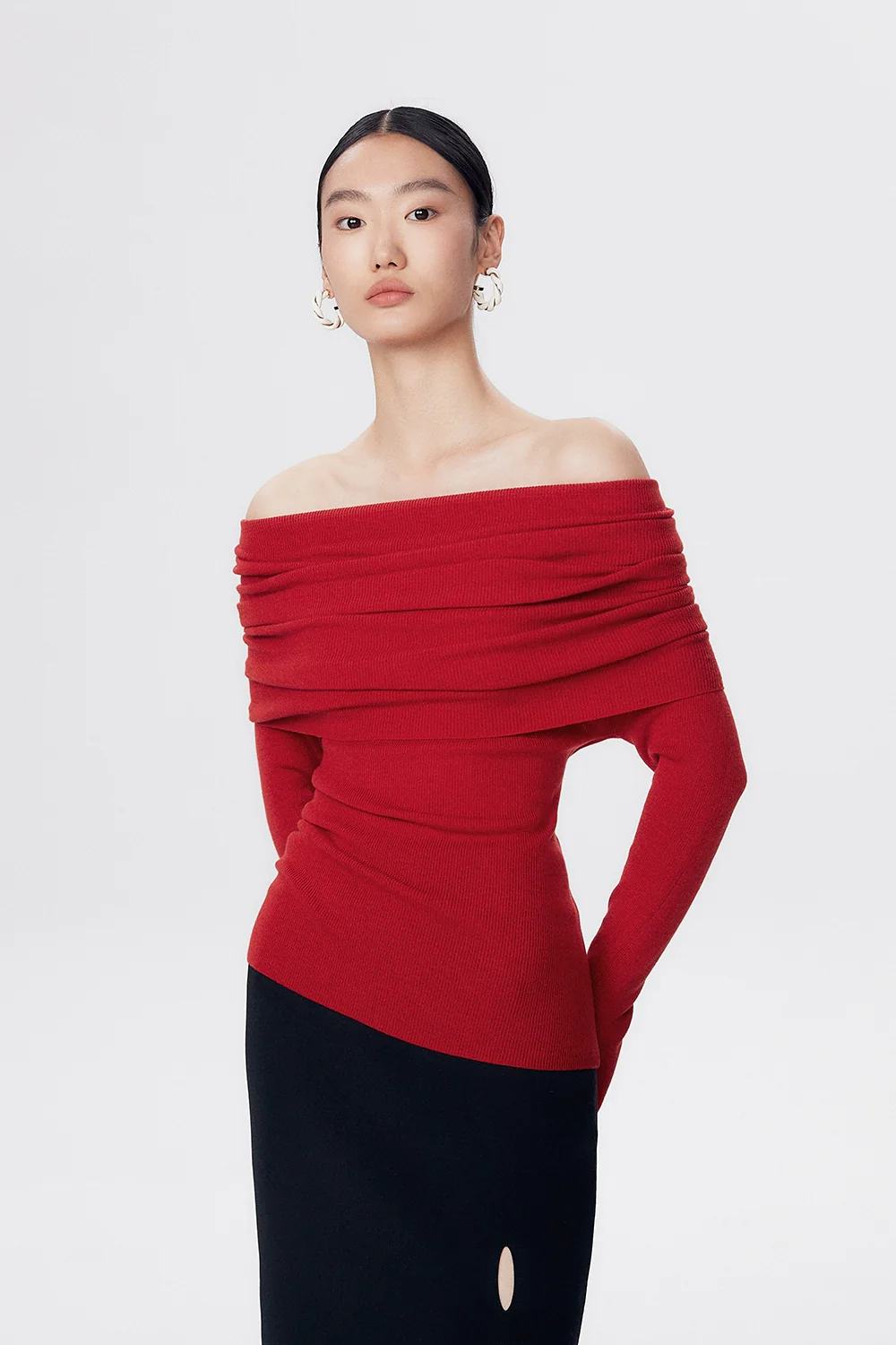 Off-Shoulder Ribbed Knit Long Sleeve Sweater Top - Image 34