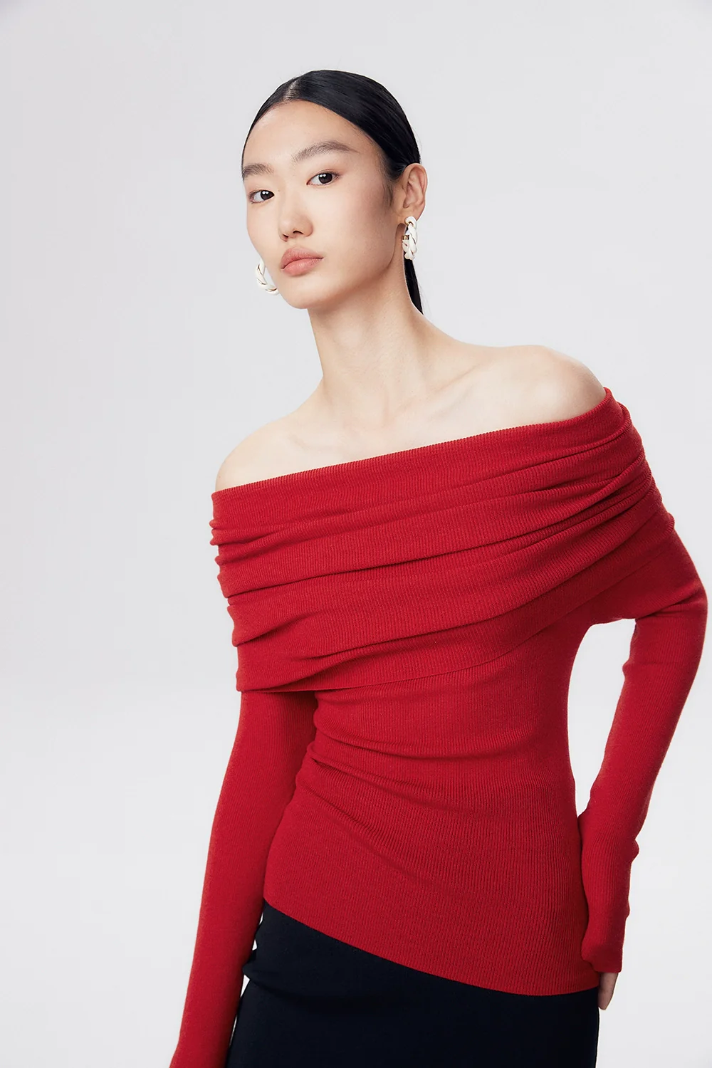 Off-Shoulder Ribbed Knit Long Sleeve Sweater Top - Image 35