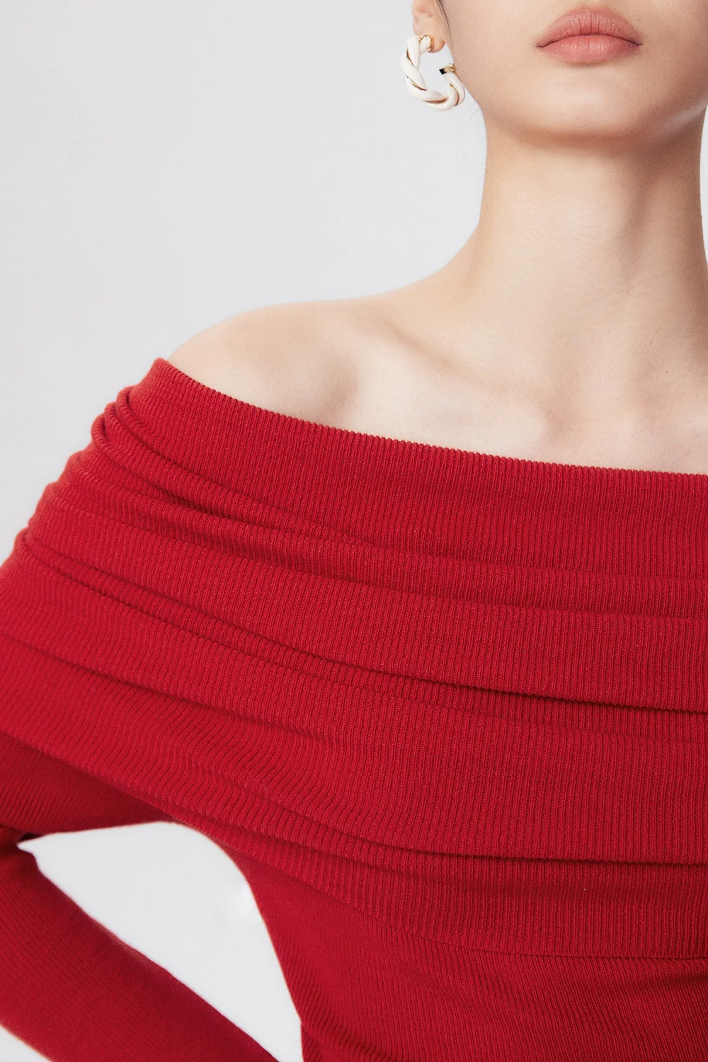 Off-Shoulder Ribbed Knit Long Sleeve Sweater Top - Image 36