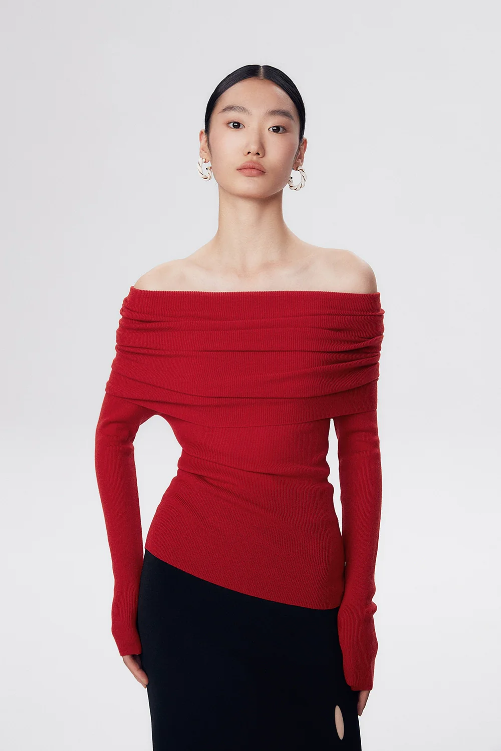 Off-Shoulder Ribbed Knit Long Sleeve Sweater Top - Image 37