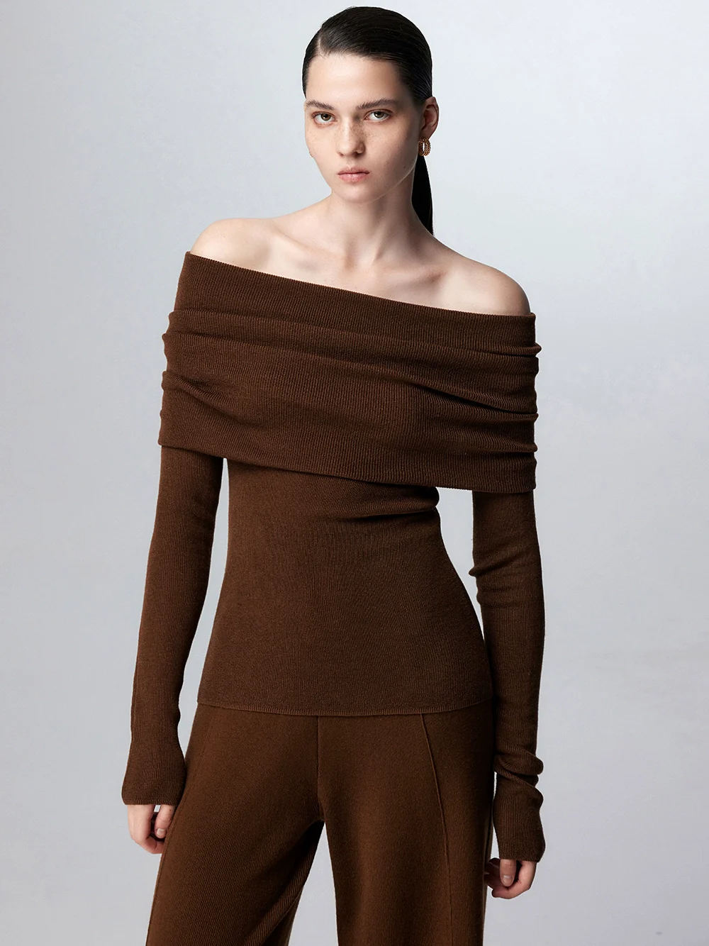 Off-Shoulder Ribbed Knit Long Sleeve Sweater Top - Image 38