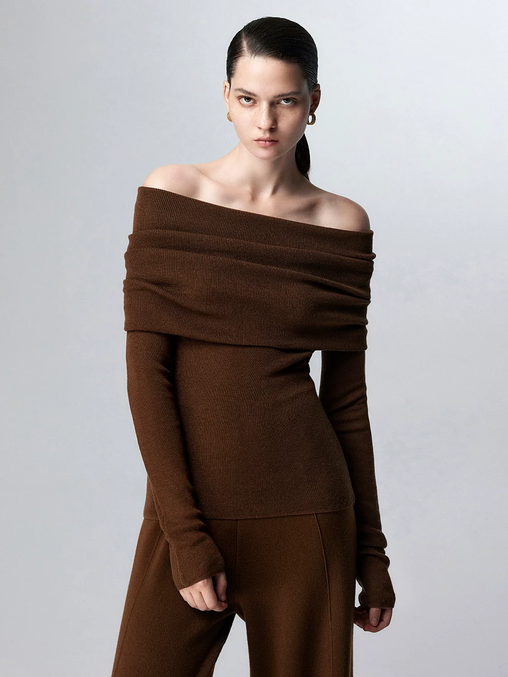 Off-Shoulder Ribbed Knit Long Sleeve Sweater Top - Image 40