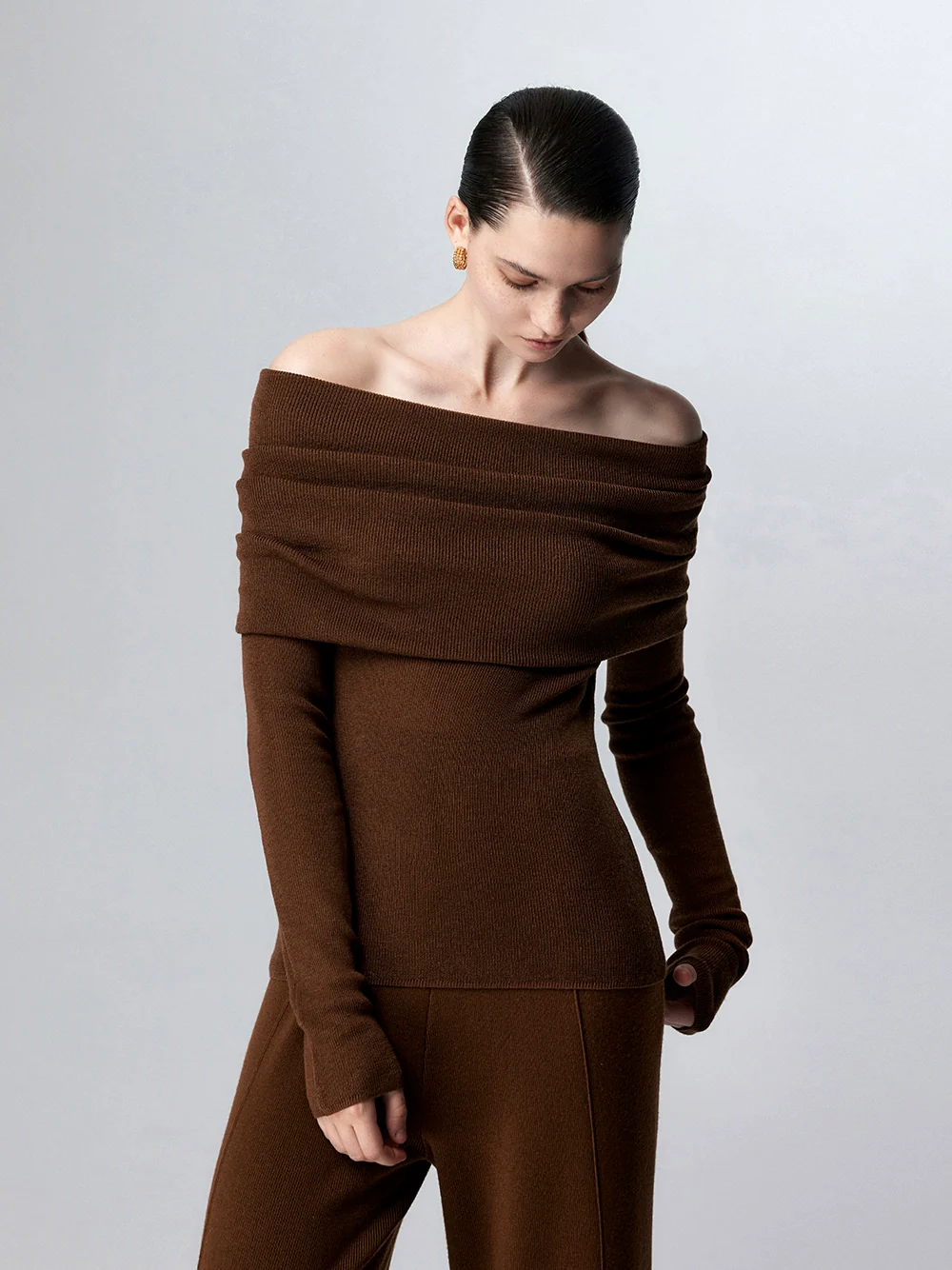 Off-Shoulder Ribbed Knit Long Sleeve Sweater Top - Image 41