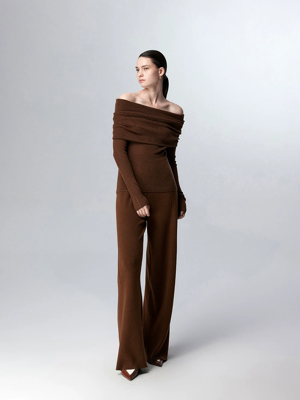 Off-Shoulder Ribbed Knit Long Sleeve Sweater Top - Image 42