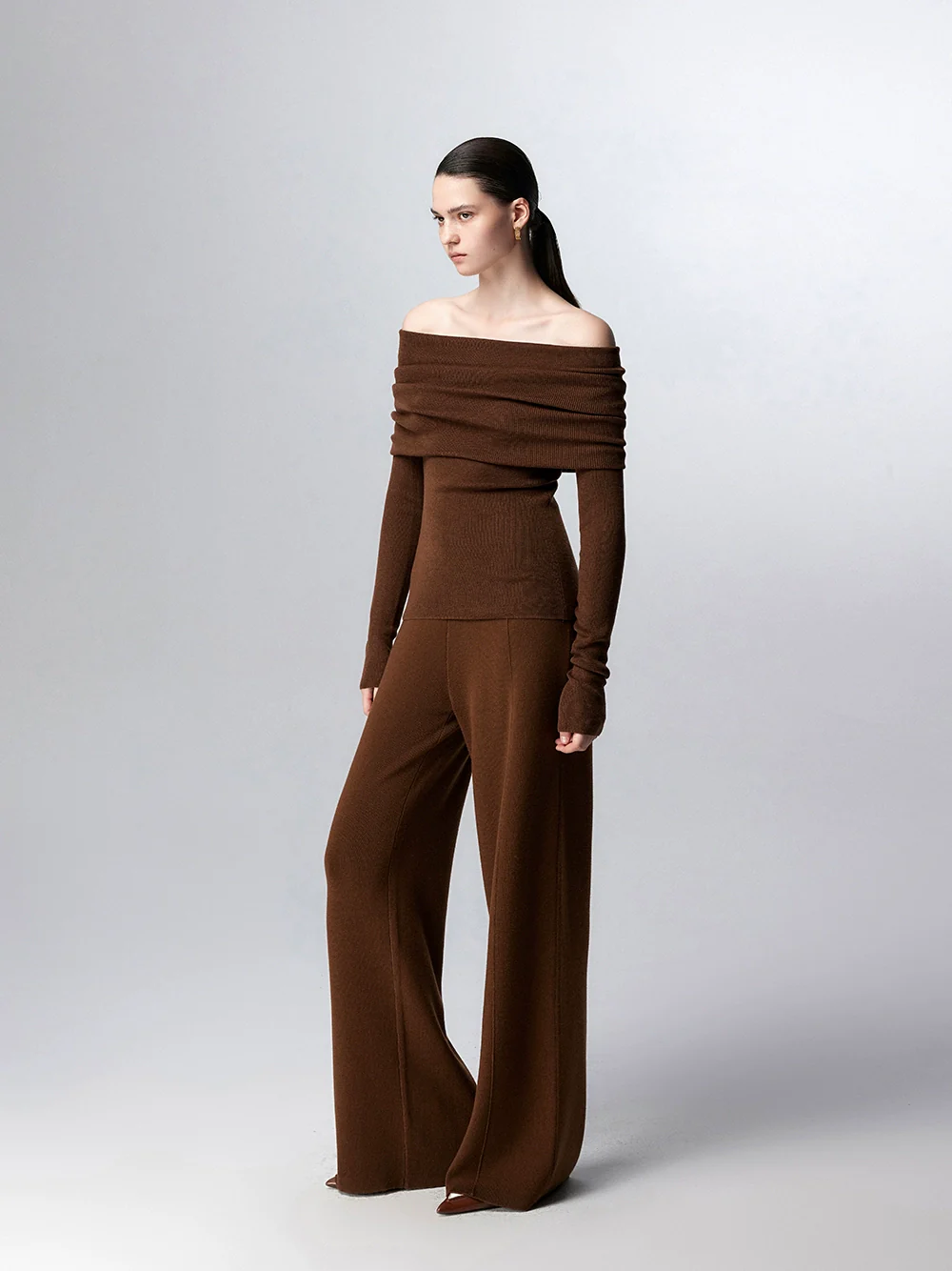 Off-Shoulder Ribbed Knit Long Sleeve Sweater Top - Image 43