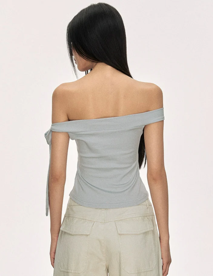 Off Shoulder Ribbed Knit Top with Side Bow Detail - Image 3