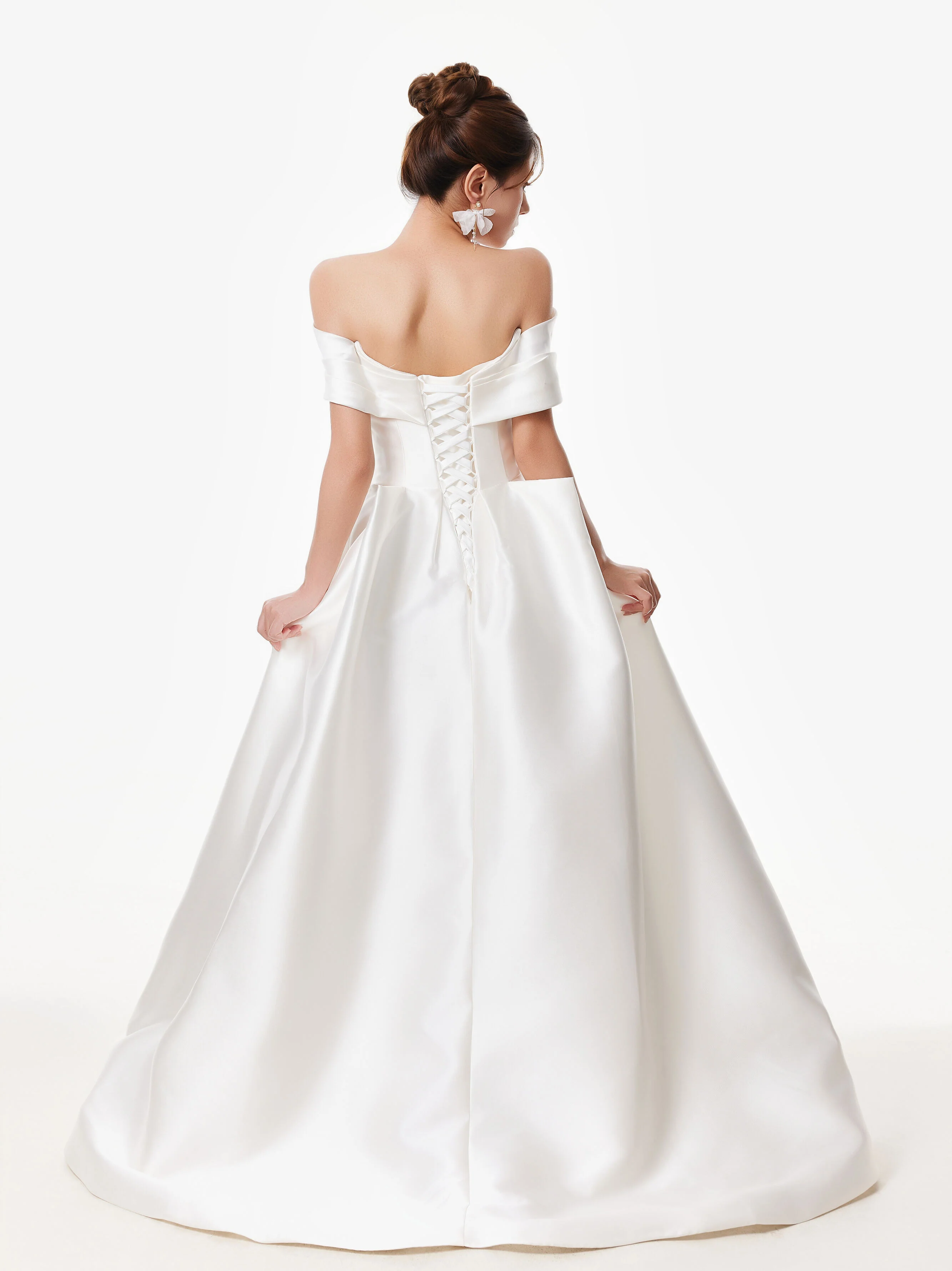 Off Shoulder Satin Gown with Draped Bodice and Bow Accents - Image 6