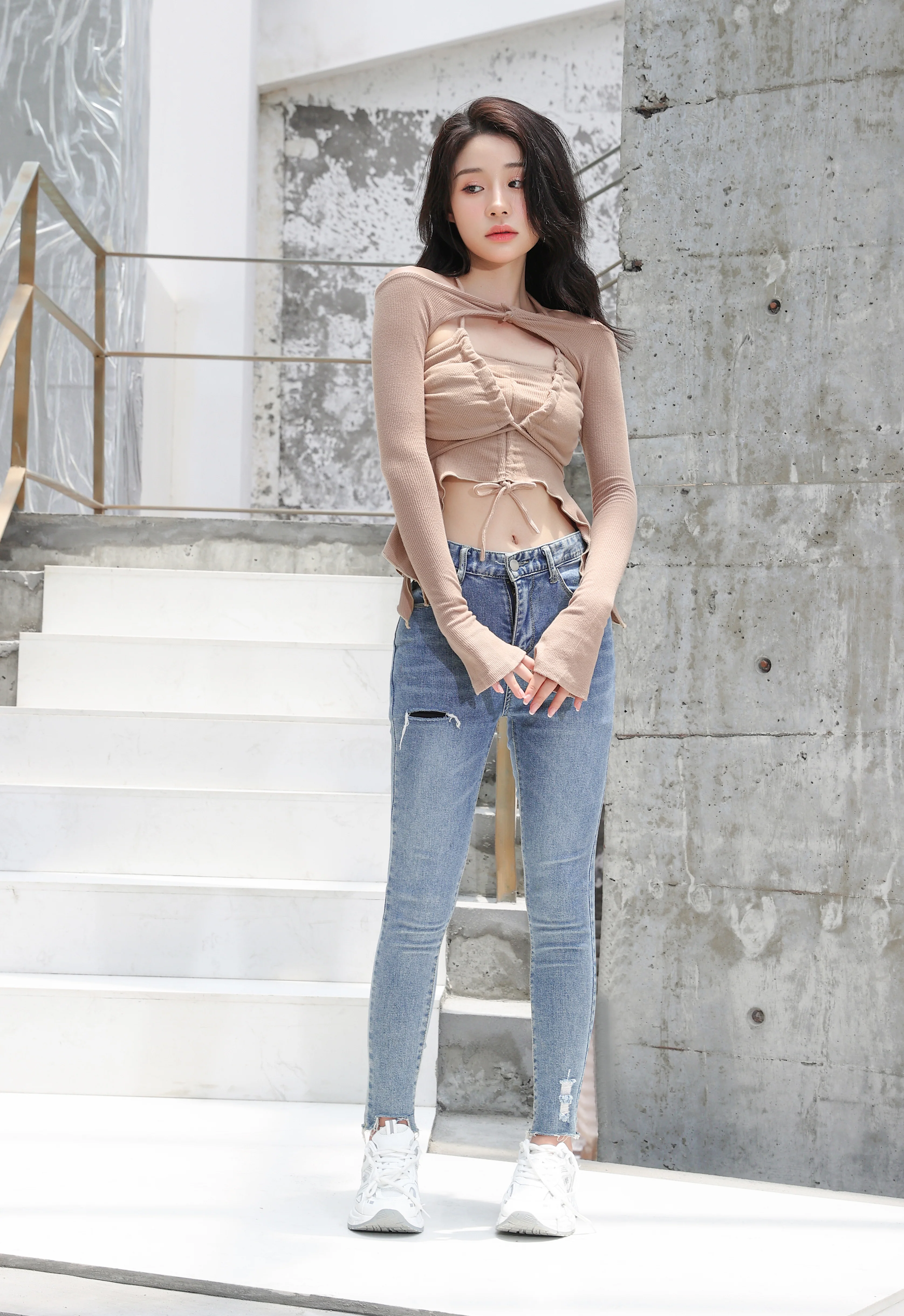 Off Shoulder Shrug Warmer and Ruched Halter Layered Crop Top - Image 20