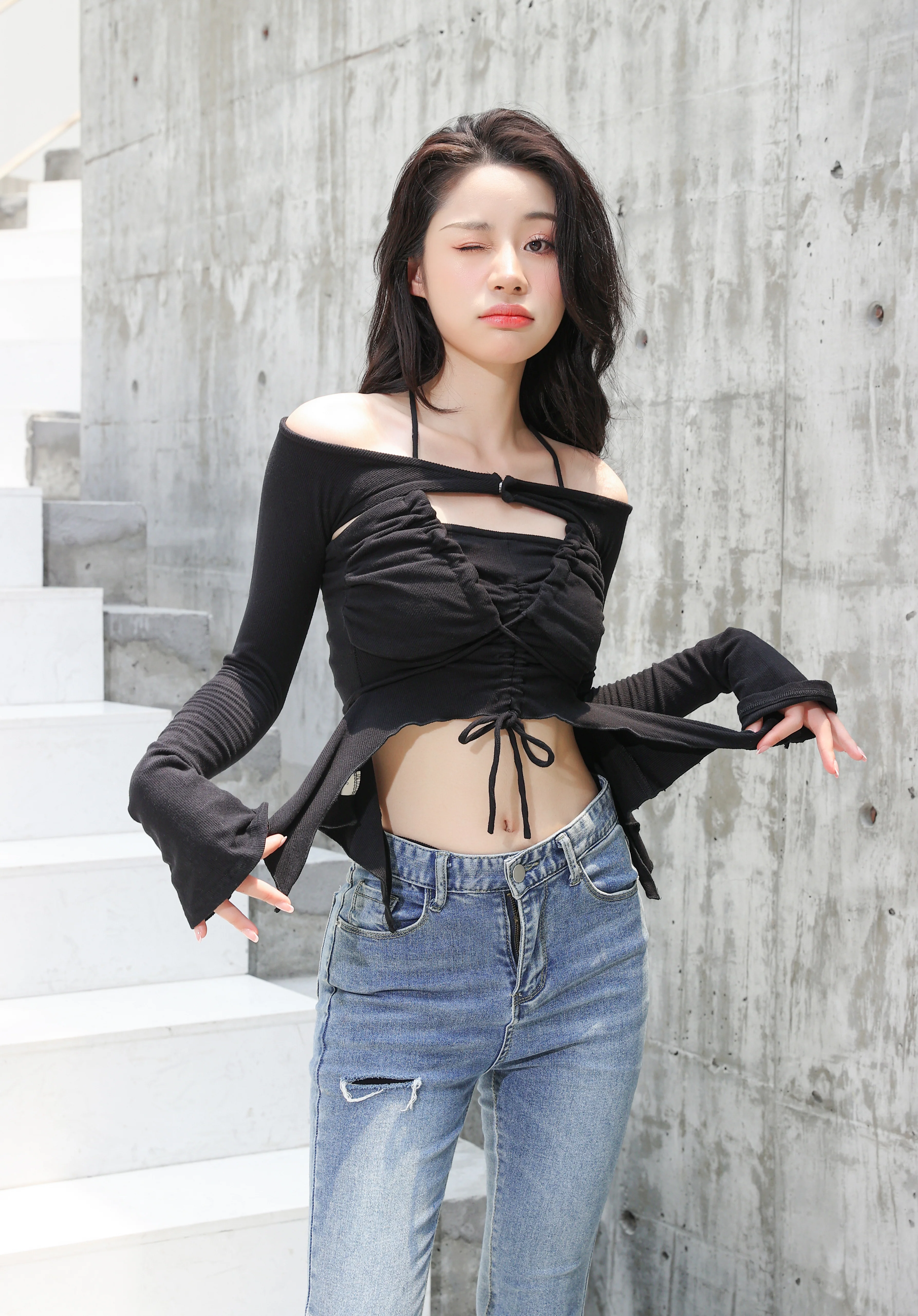 Off Shoulder Shrug Warmer and Ruched Halter Layered Crop Top - Image 28