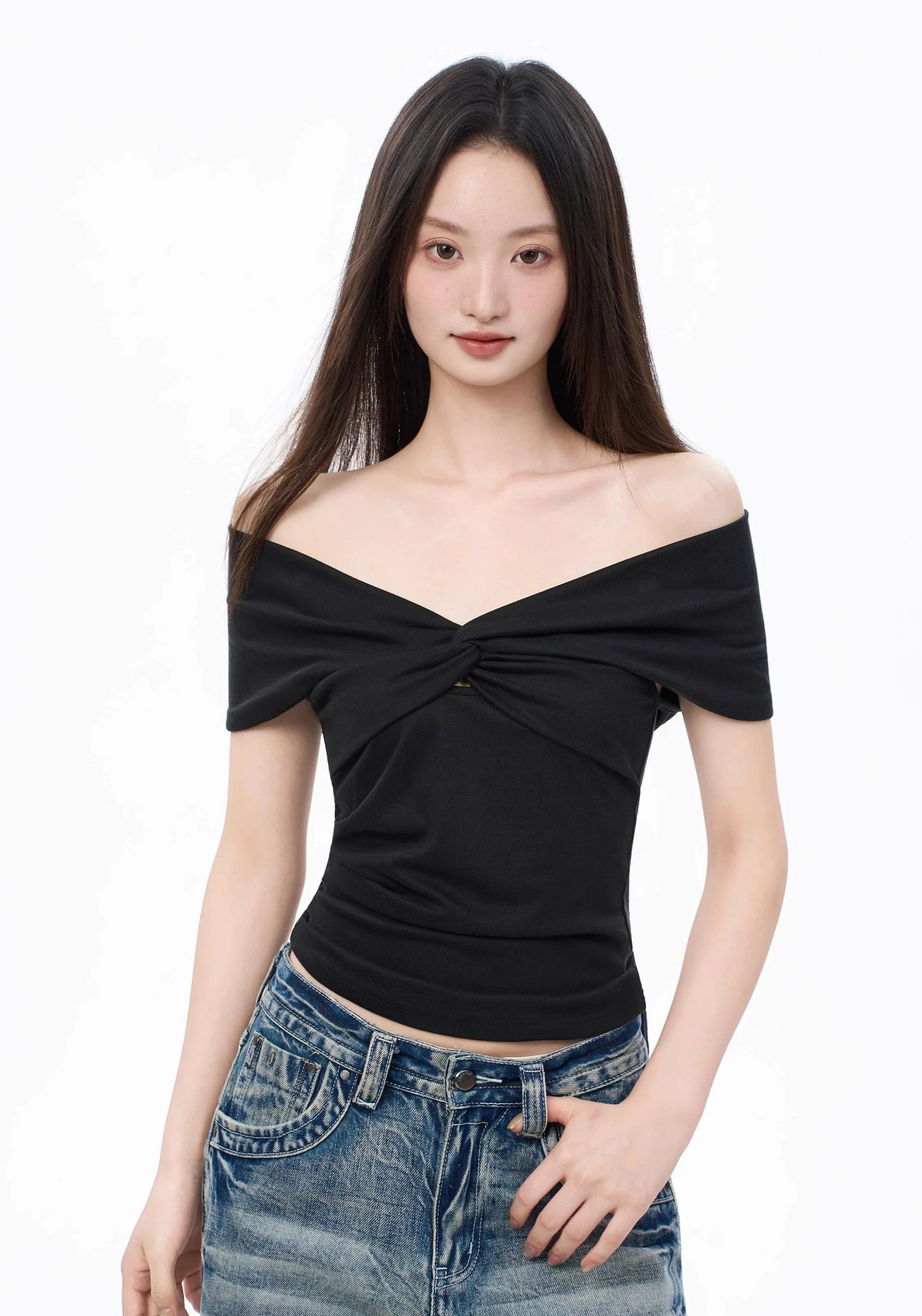 Off Shoulder Slim-Fit Twist Front Ribbed Top - Image 2