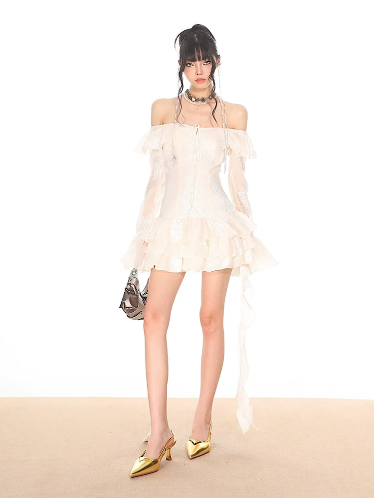 Off-Shoulder Tiered Ruffle Mesh Long Sleeve Mini Dress - Image 11