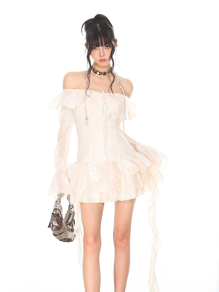 Off-Shoulder Tiered Ruffle Mesh Long Sleeve Mini Dress - Image 5