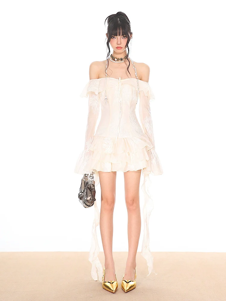 Off-Shoulder Tiered Ruffle Mesh Long Sleeve Mini Dress - Image 7