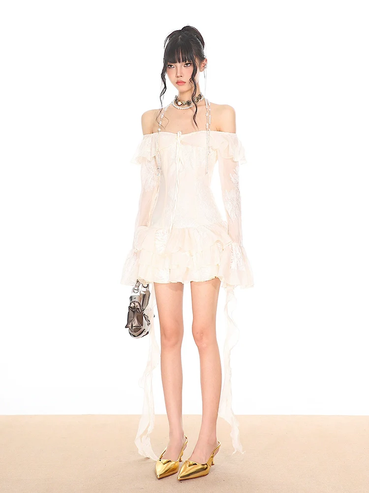 Off-Shoulder Tiered Ruffle Mesh Long Sleeve Mini Dress - Image 8