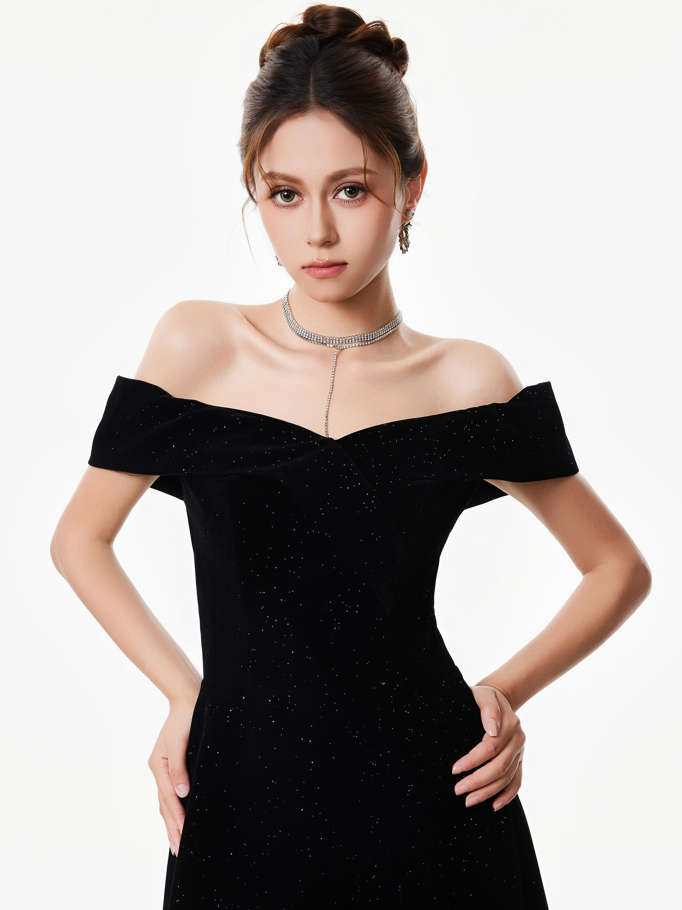 Off-Shoulder Velvet Sparkle Evening Dress with Sequin Detail - Image 4