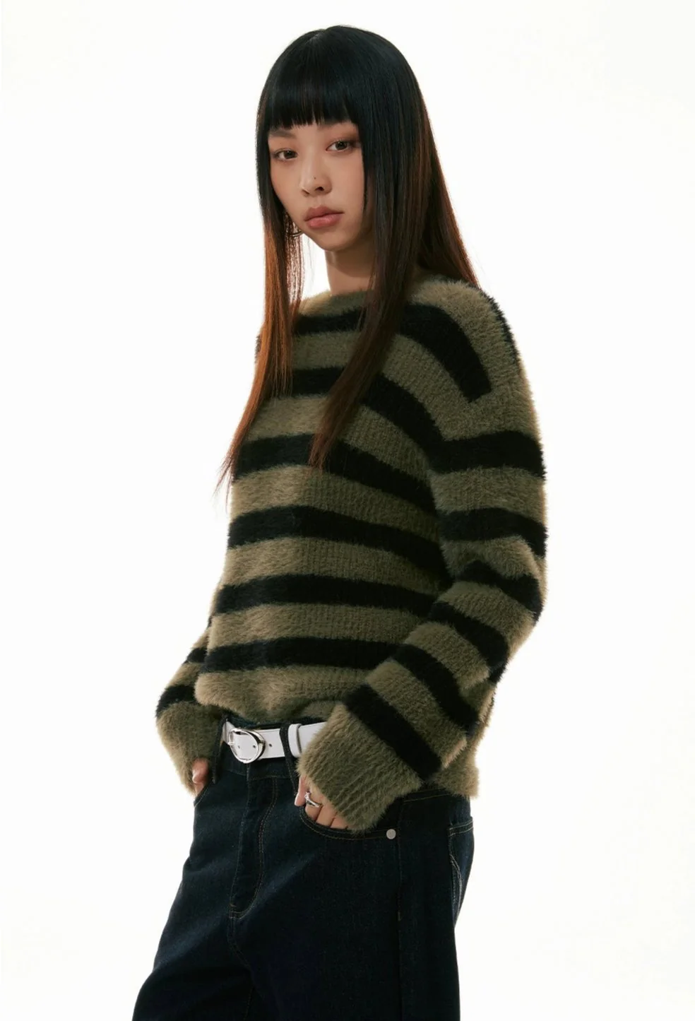Olive Striped Crew Neck Fuzzy Sweater - Image 3