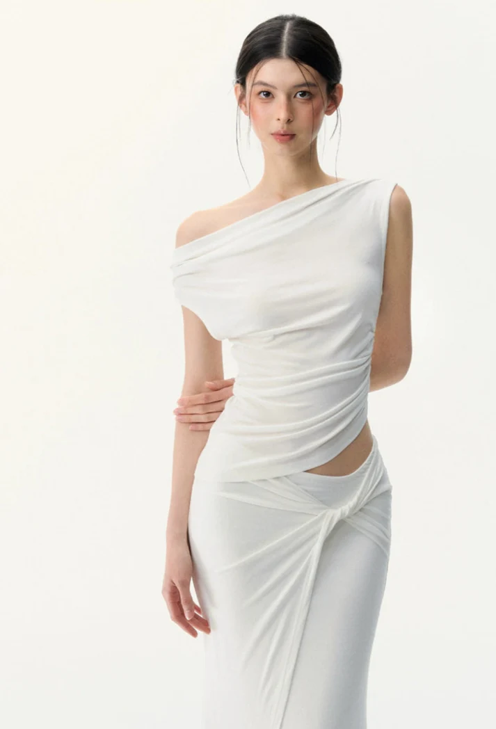 One Shoulder Asymmetric Ruched Top and Twist Wrap Maxi Skirt Two-Piece Set - Image 3