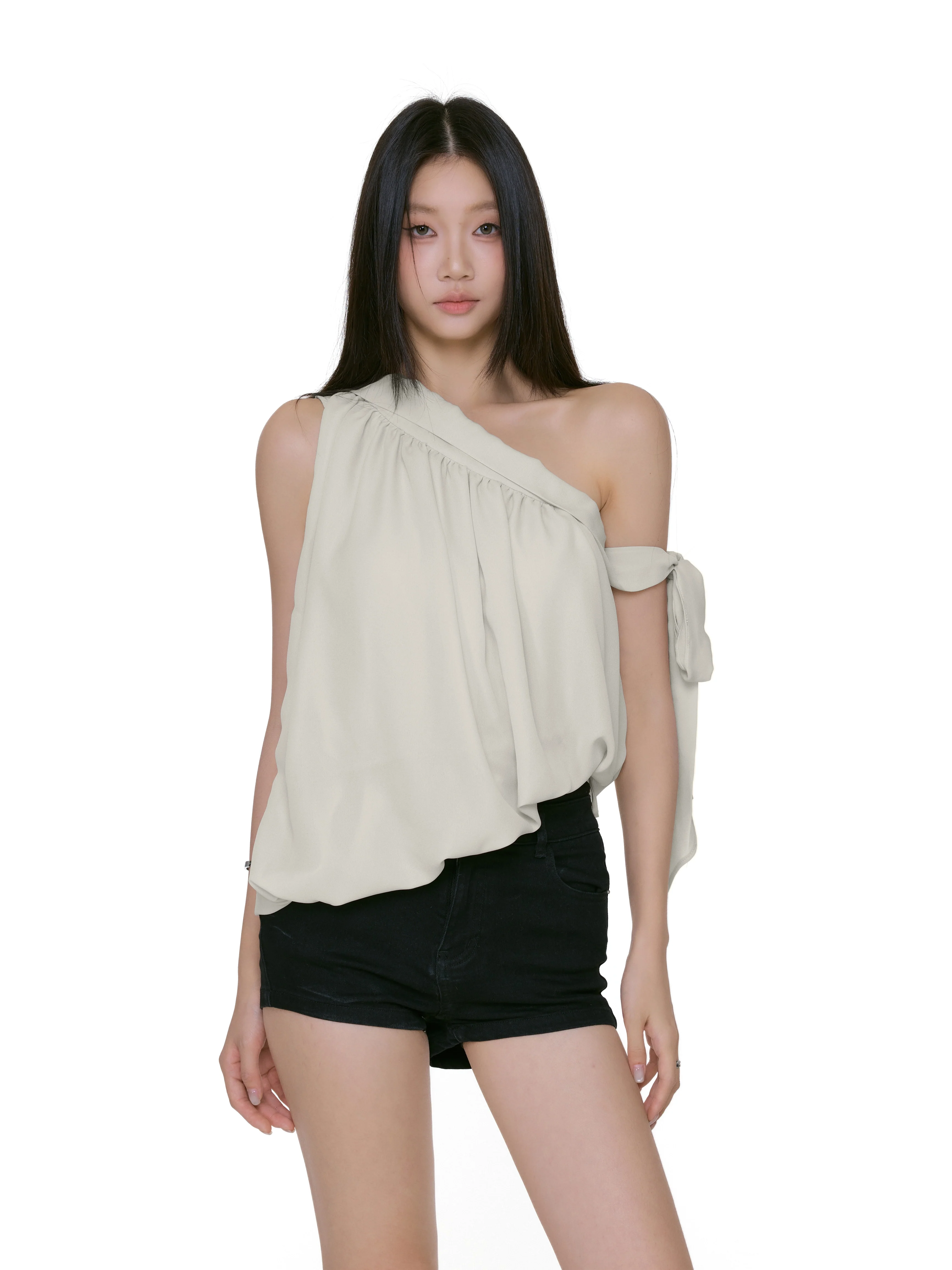 One Shoulder Draped Tie Sleeve Top