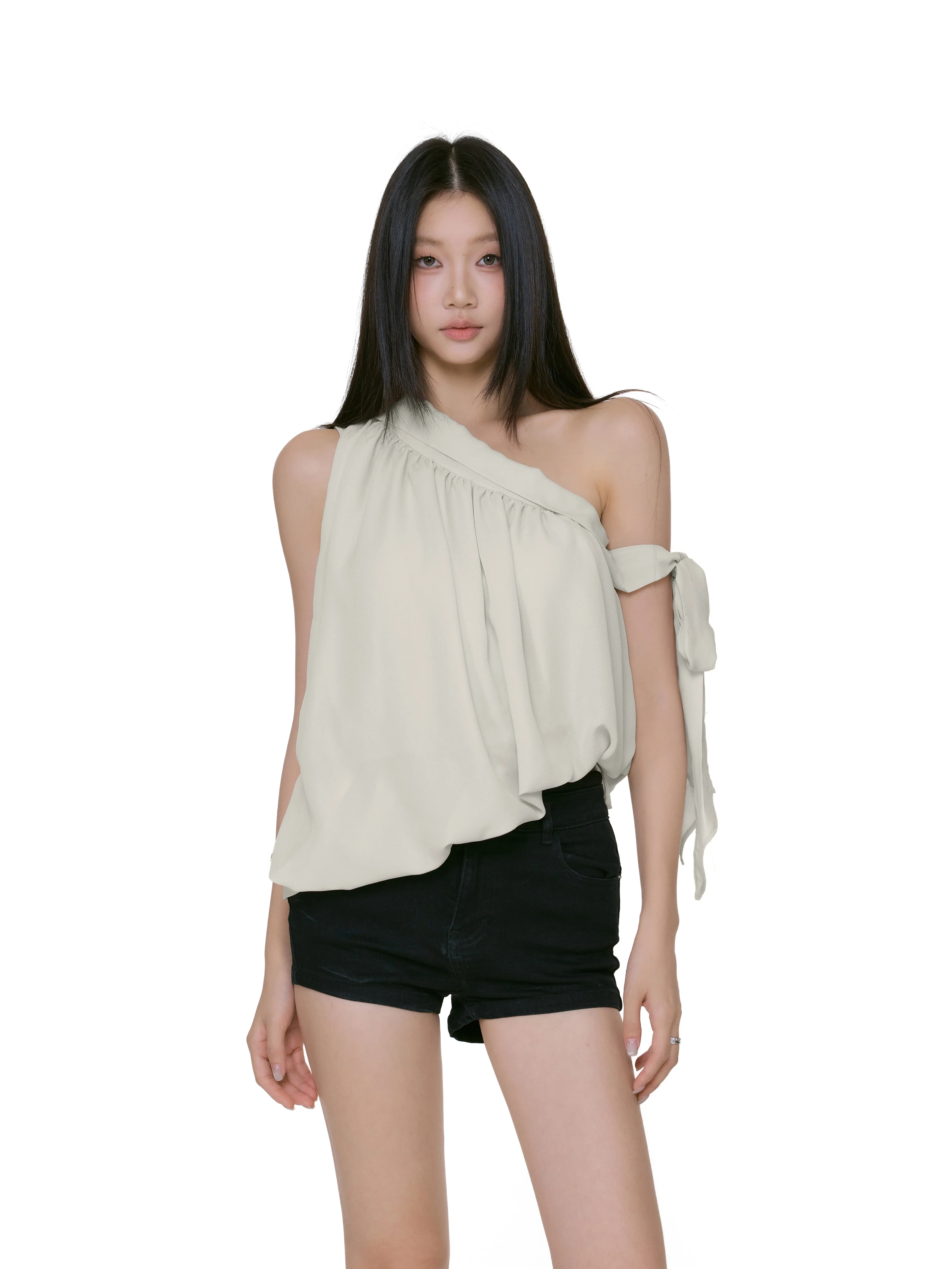 One Shoulder Draped Tie Sleeve Top - Image 5