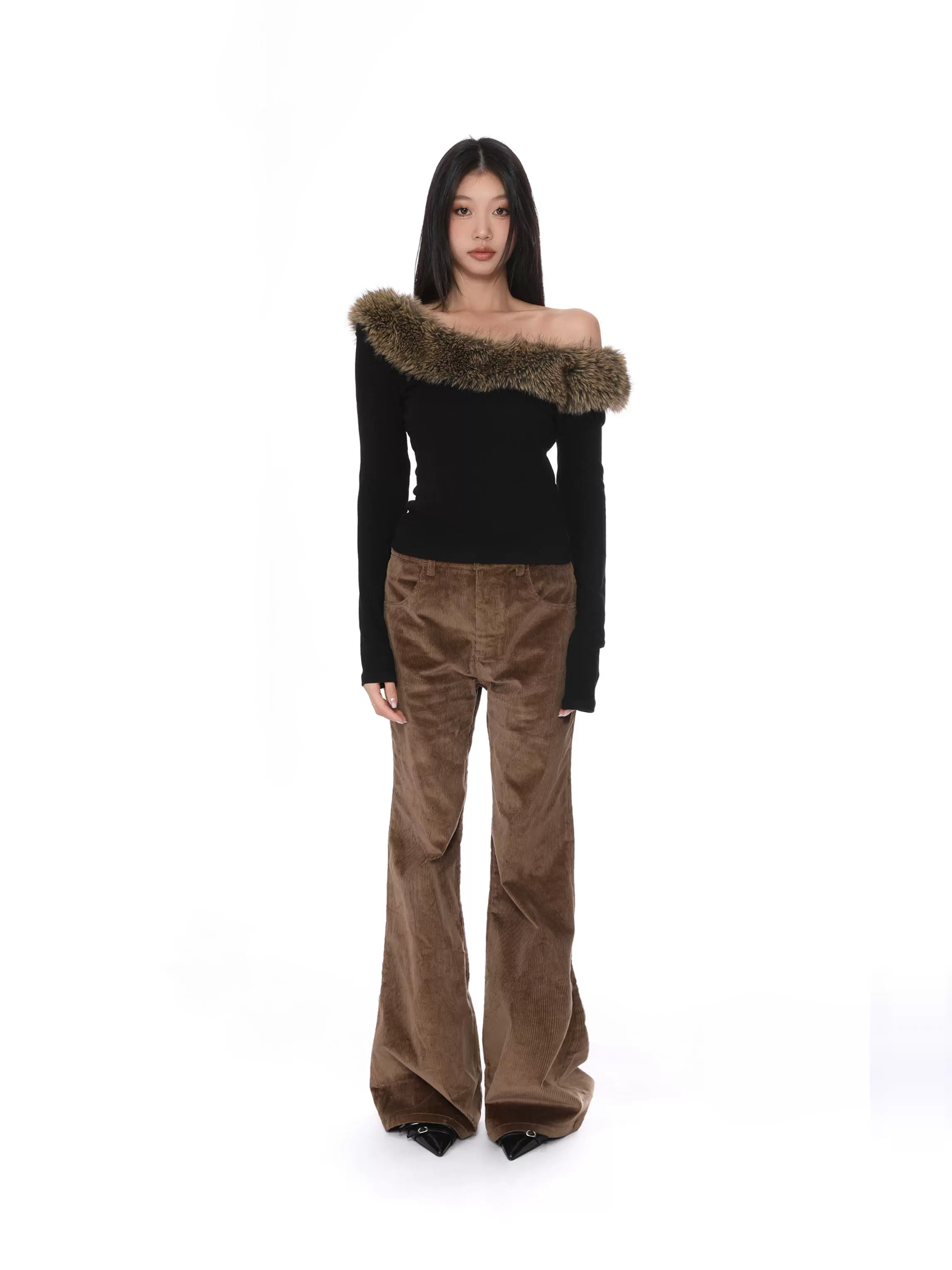 One Shoulder Faux Fur Collar Long Sleeve Top - Image 3