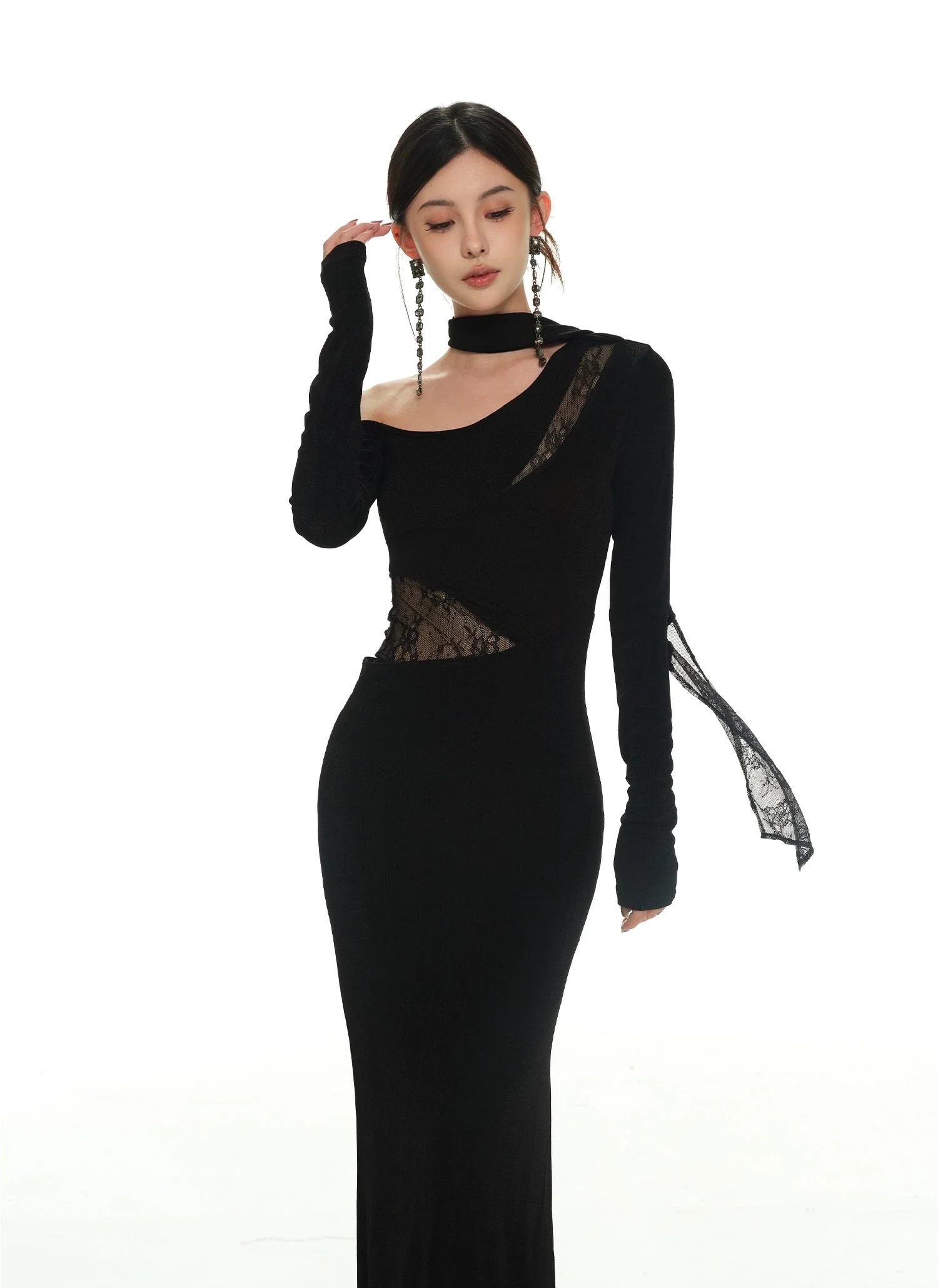 One-Shoulder Lace Detail Long Sleeve Dress with Scarf - Image 11