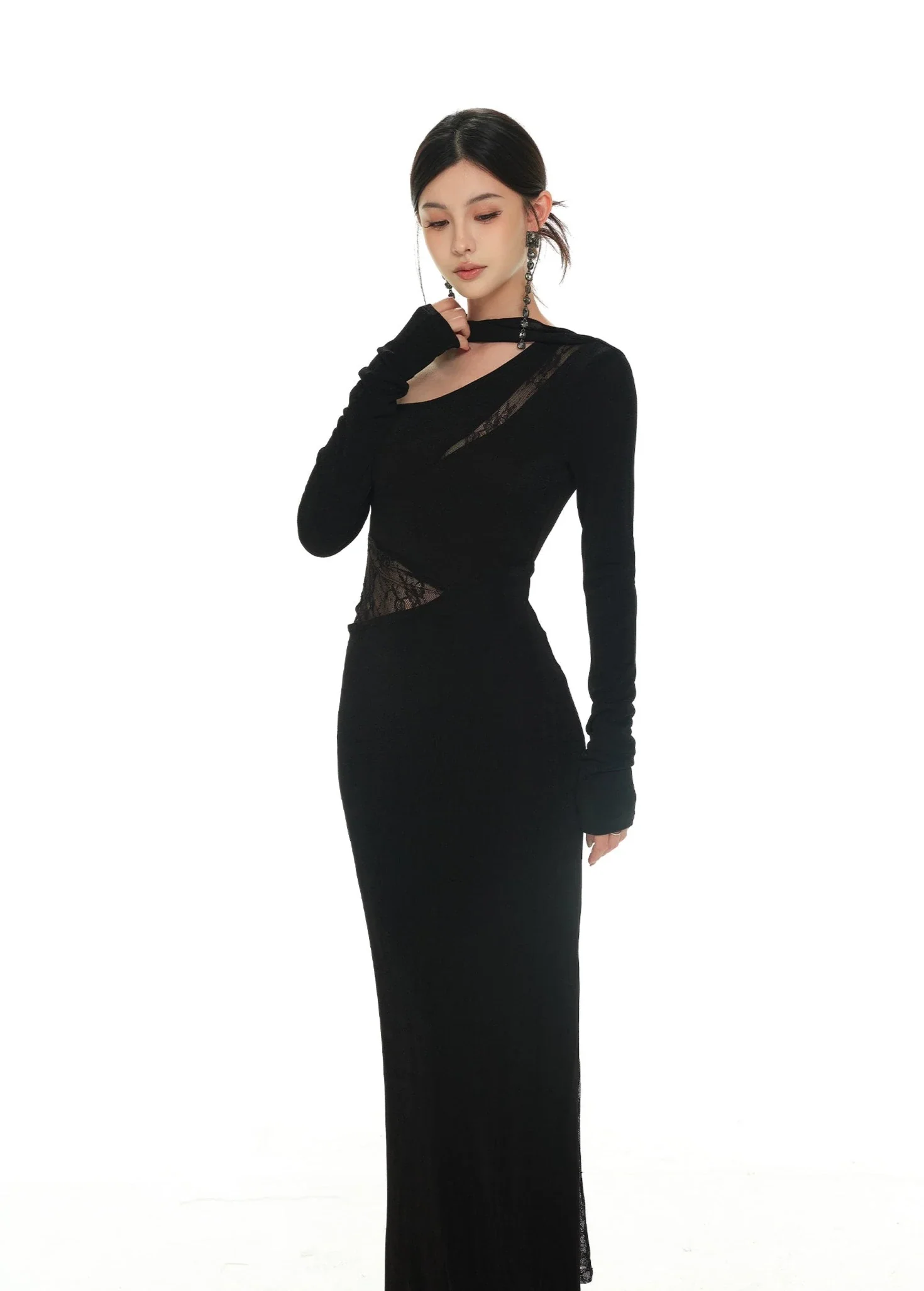 One-Shoulder Lace Detail Long Sleeve Dress with Scarf - Image 12