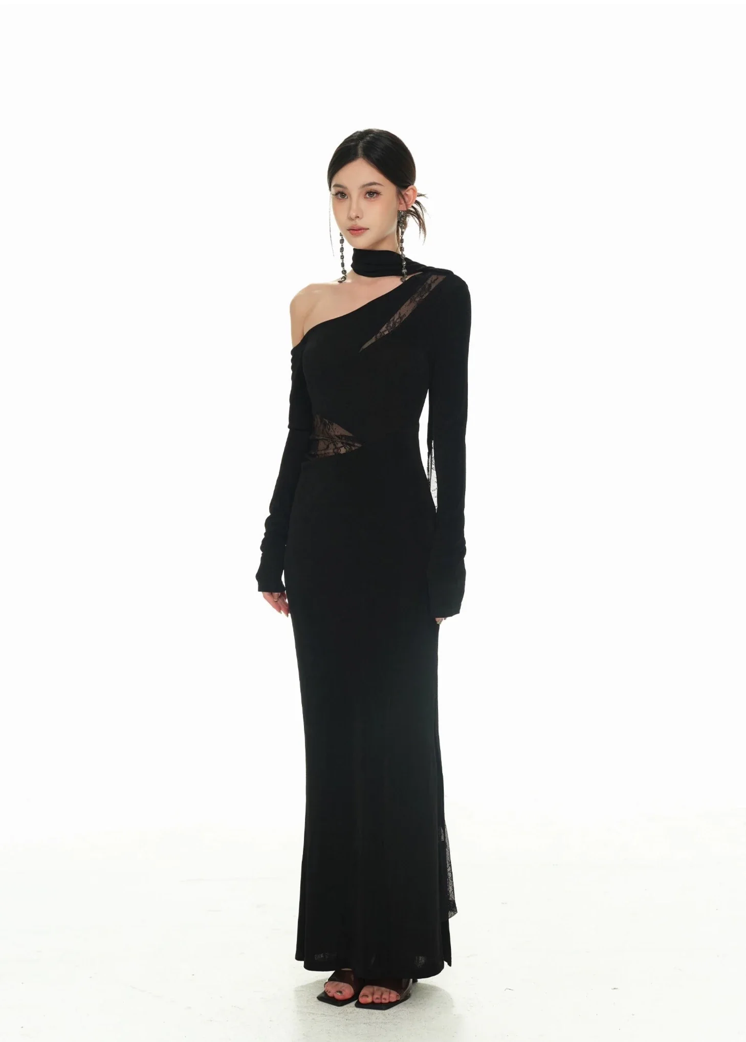 One-Shoulder Lace Detail Long Sleeve Dress with Scarf - Image 2