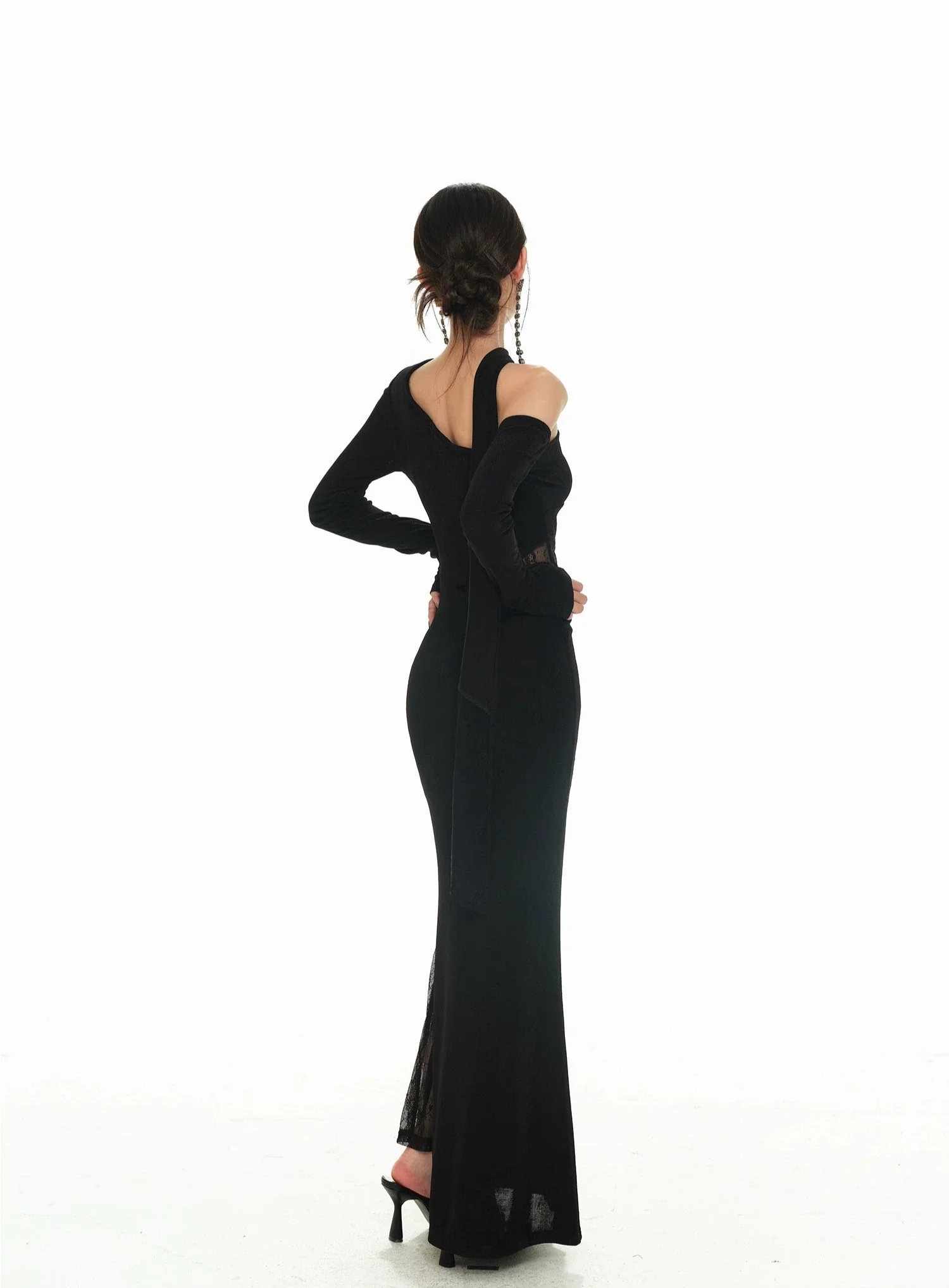 One-Shoulder Lace Detail Long Sleeve Dress with Scarf - Image 7
