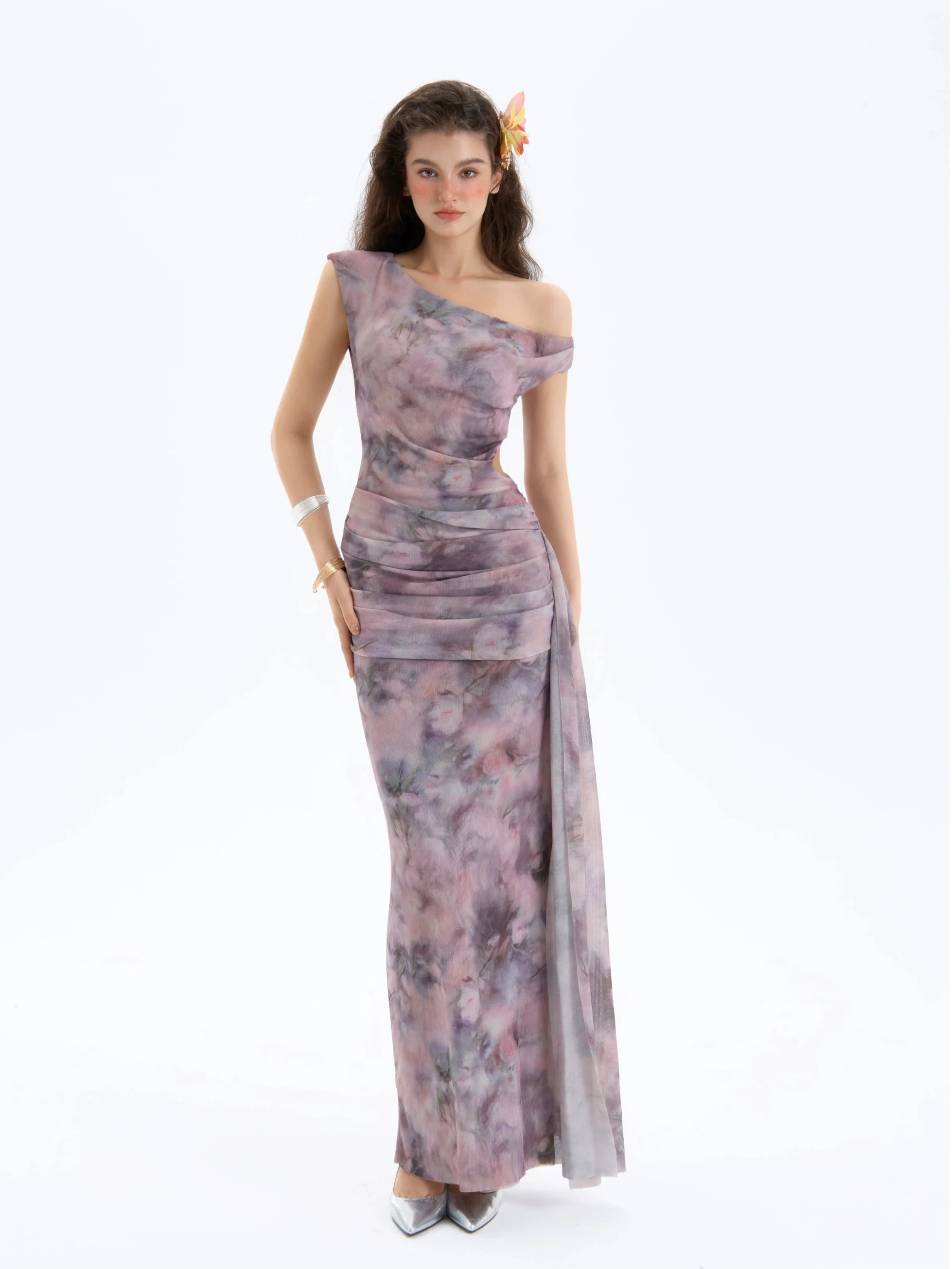 One Shoulder Watercolor Print Draped Maxi Dress - Image 2