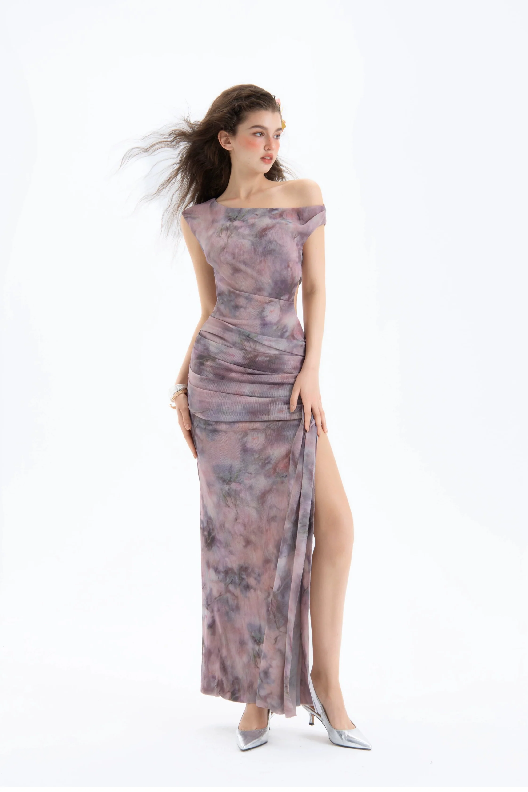 One Shoulder Watercolor Print Draped Maxi Dress - Image 4
