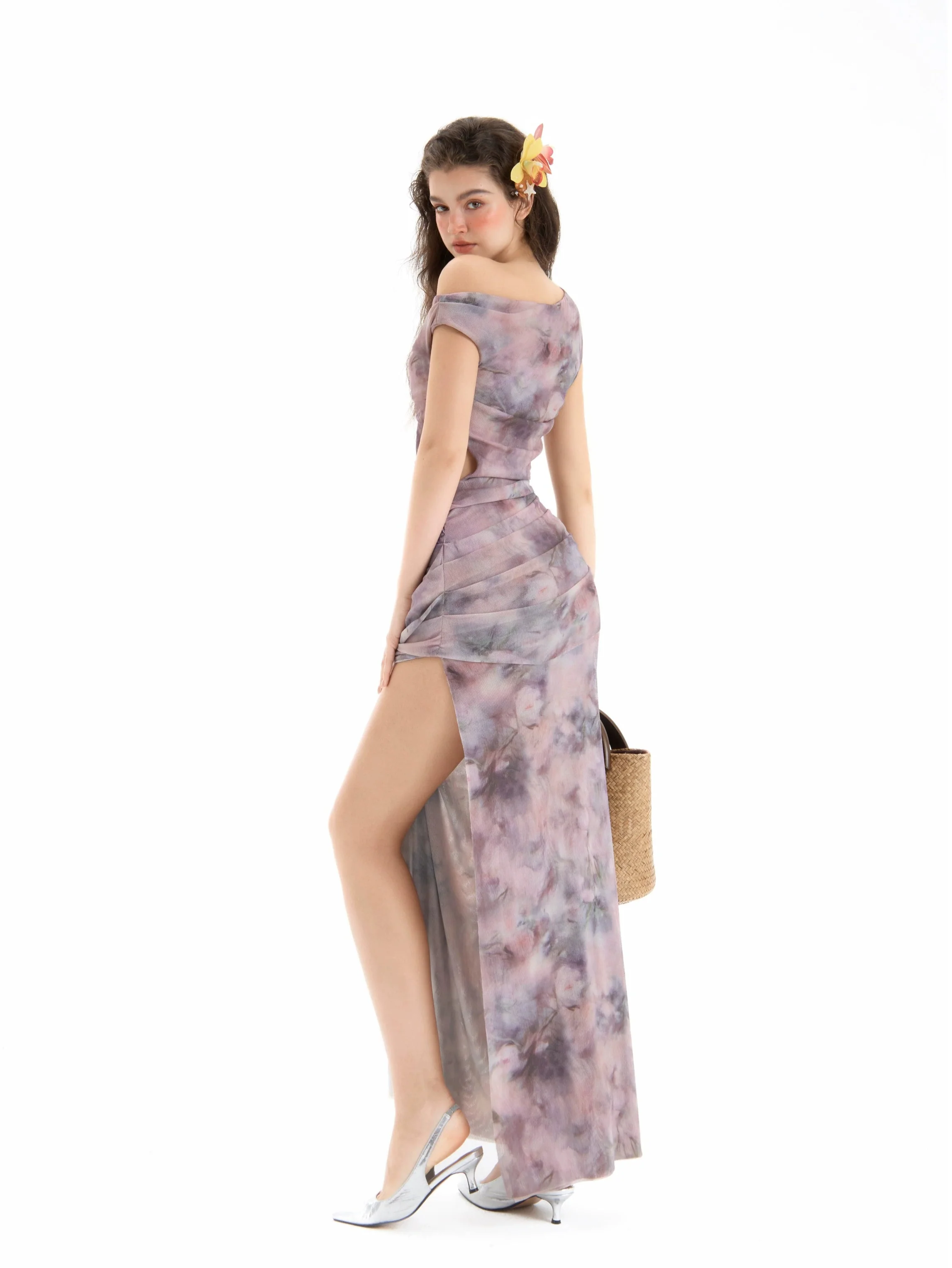 One Shoulder Watercolor Print Draped Maxi Dress - Image 5