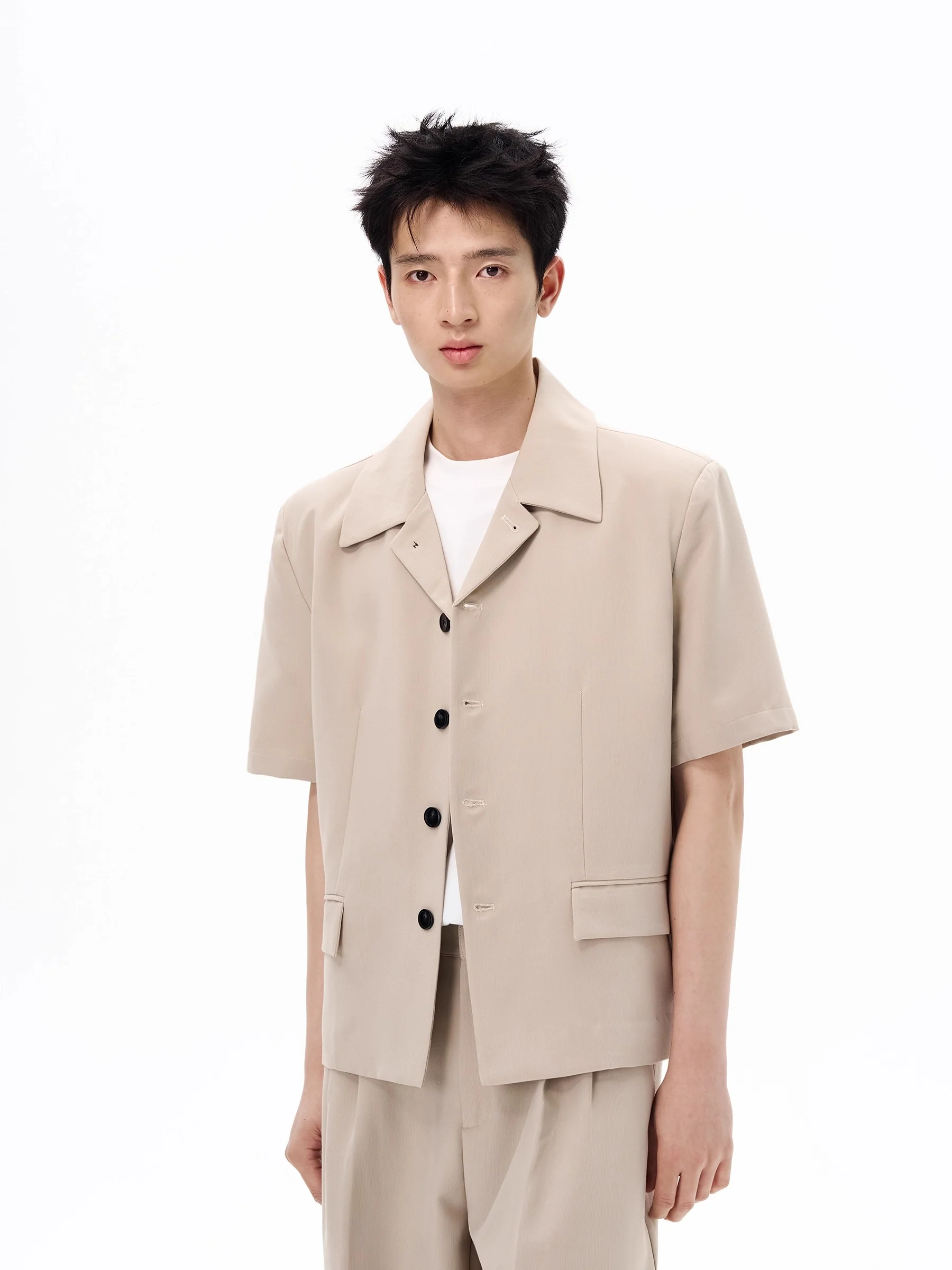 Open Collar Button Shirt and Mid-Waist Straight Pants Two-Piece Set - Image 3