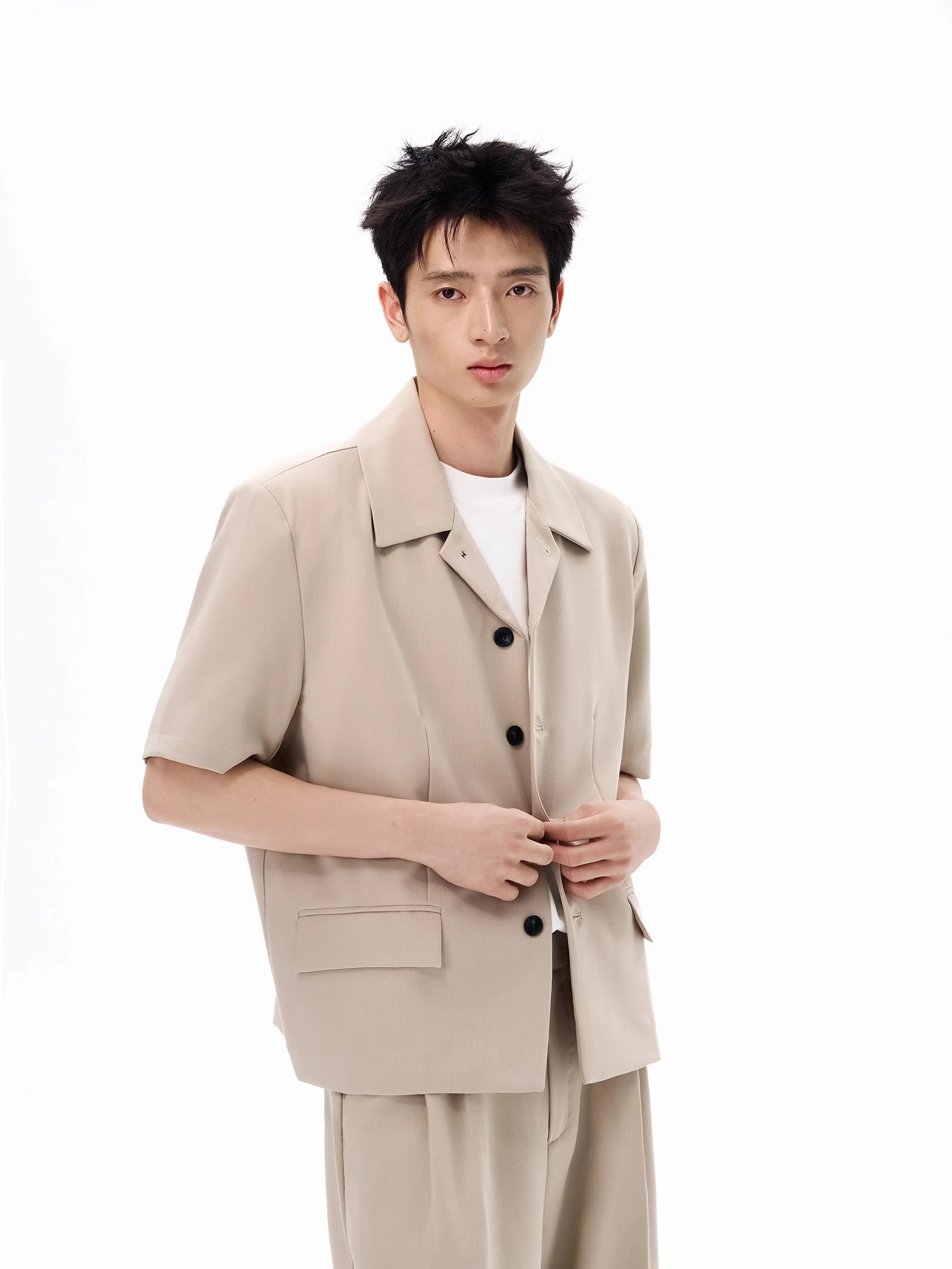 Open Collar Button Shirt and Mid-Waist Straight Pants Two-Piece Set - Image 5